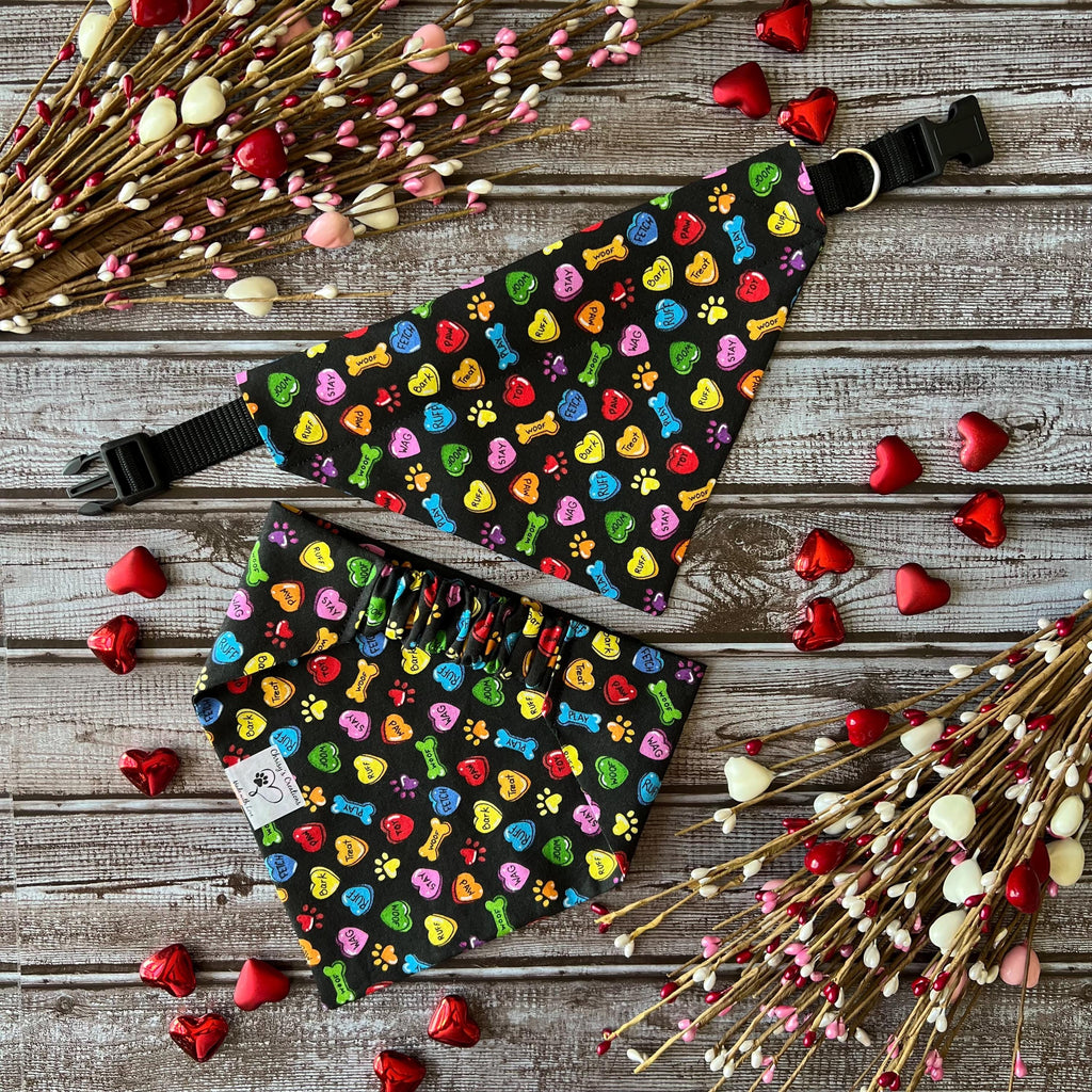 Conversation Hearts Black Pink Red Dog Bandana Over the Collar Bandana Scrunchie Bandana Valentine