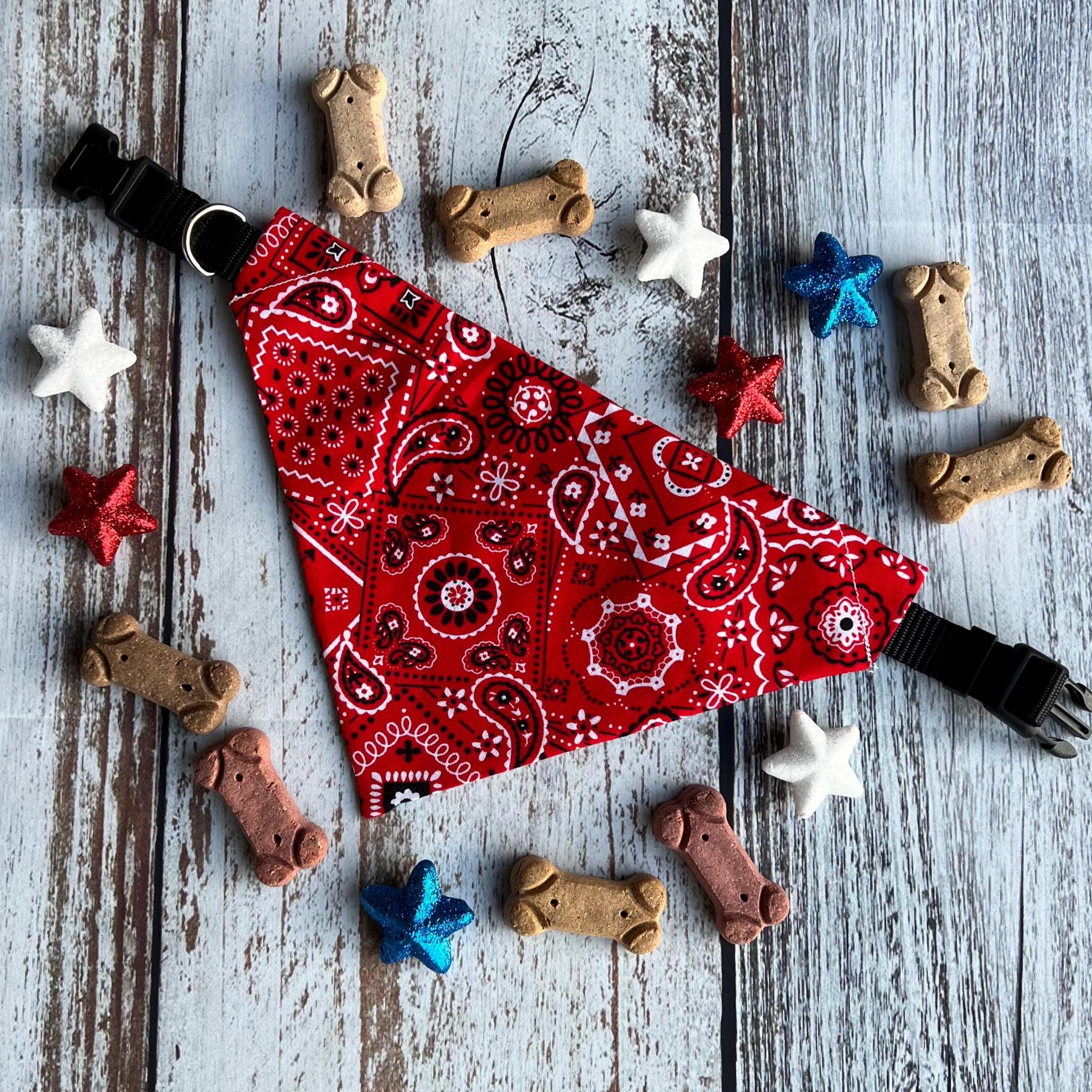 Patriotic Dog Bandana: Red White Blue Paisley, Reversible, Scrunchie & Over the Collar