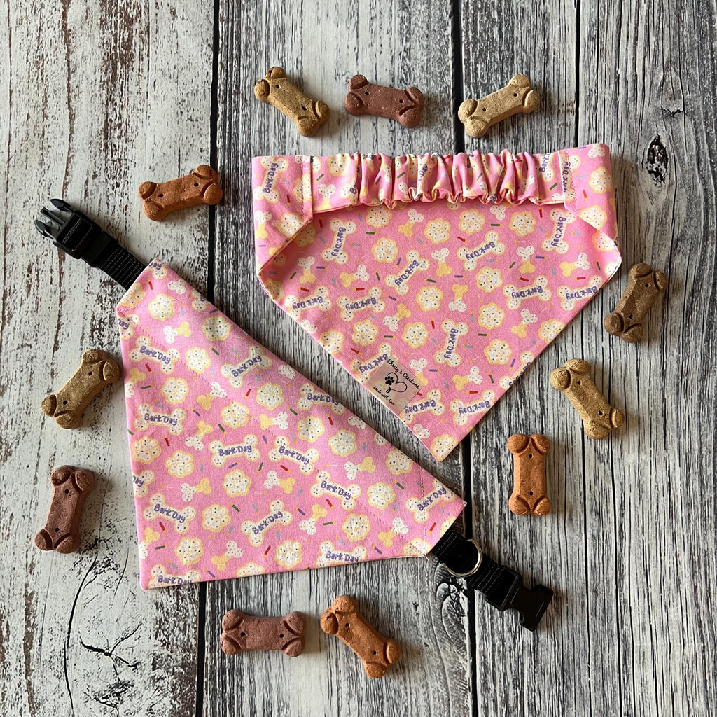 Birthday Bark Day Pink Dog Bandana Over the Collar Scrunchie Bandana Sprinkle Cookie Bones Candles
