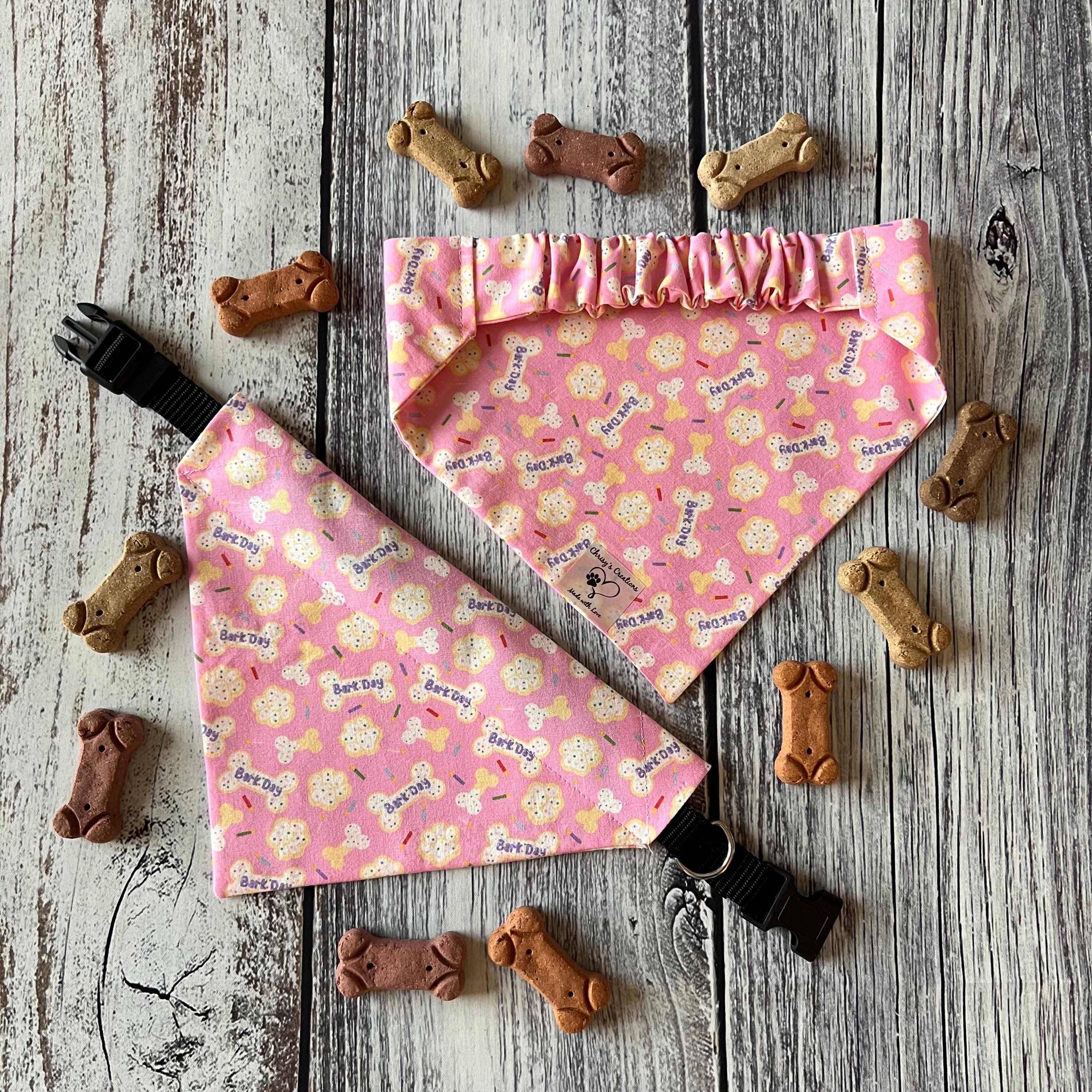 Birthday Bark Day Pink Dog Bandana Over the Collar Scrunchie Bandana Sprinkle Cookie Bones Candles