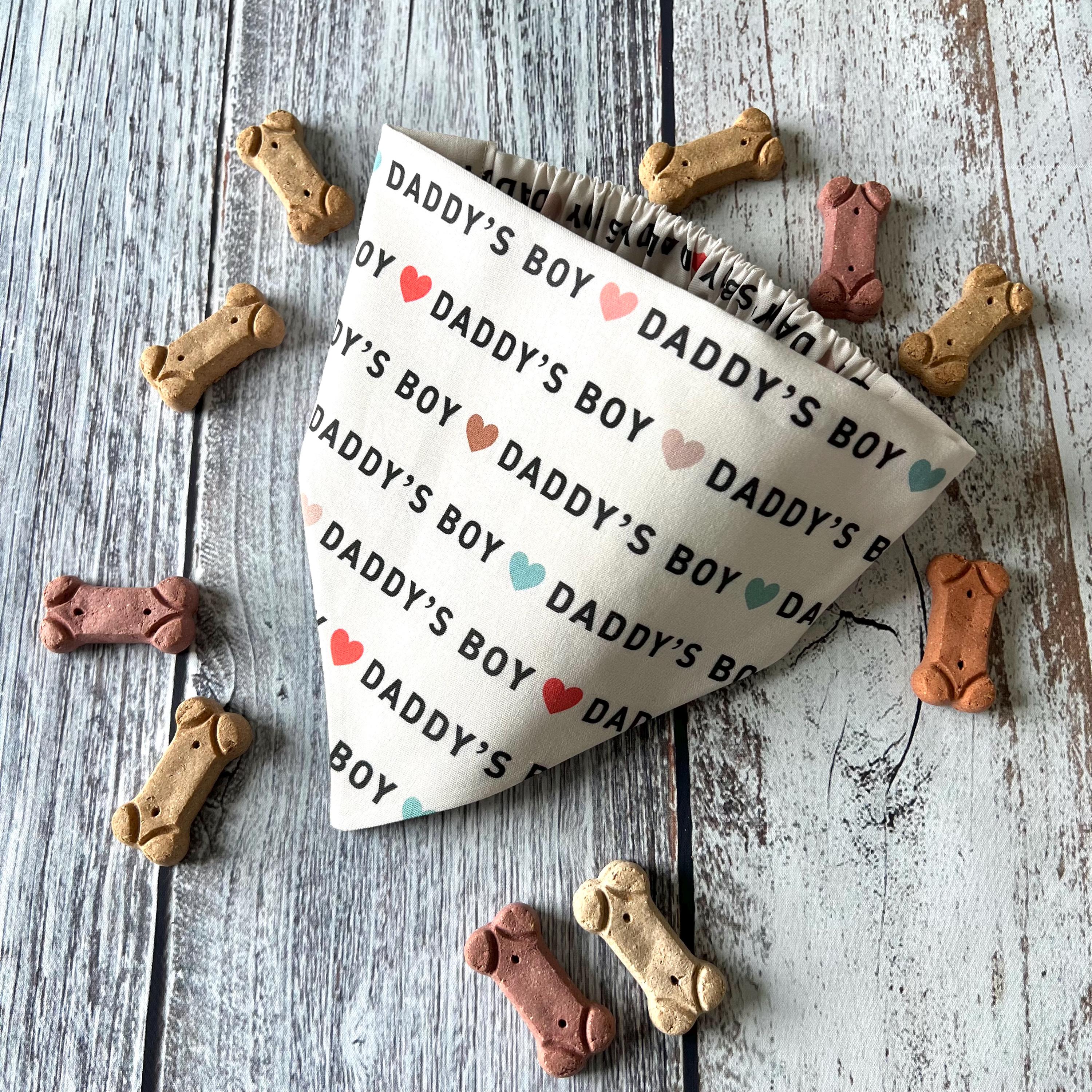 Daddy's Boy Dog Bandana: Neutral Boho Hearts, Over the Collar & Scrunchie