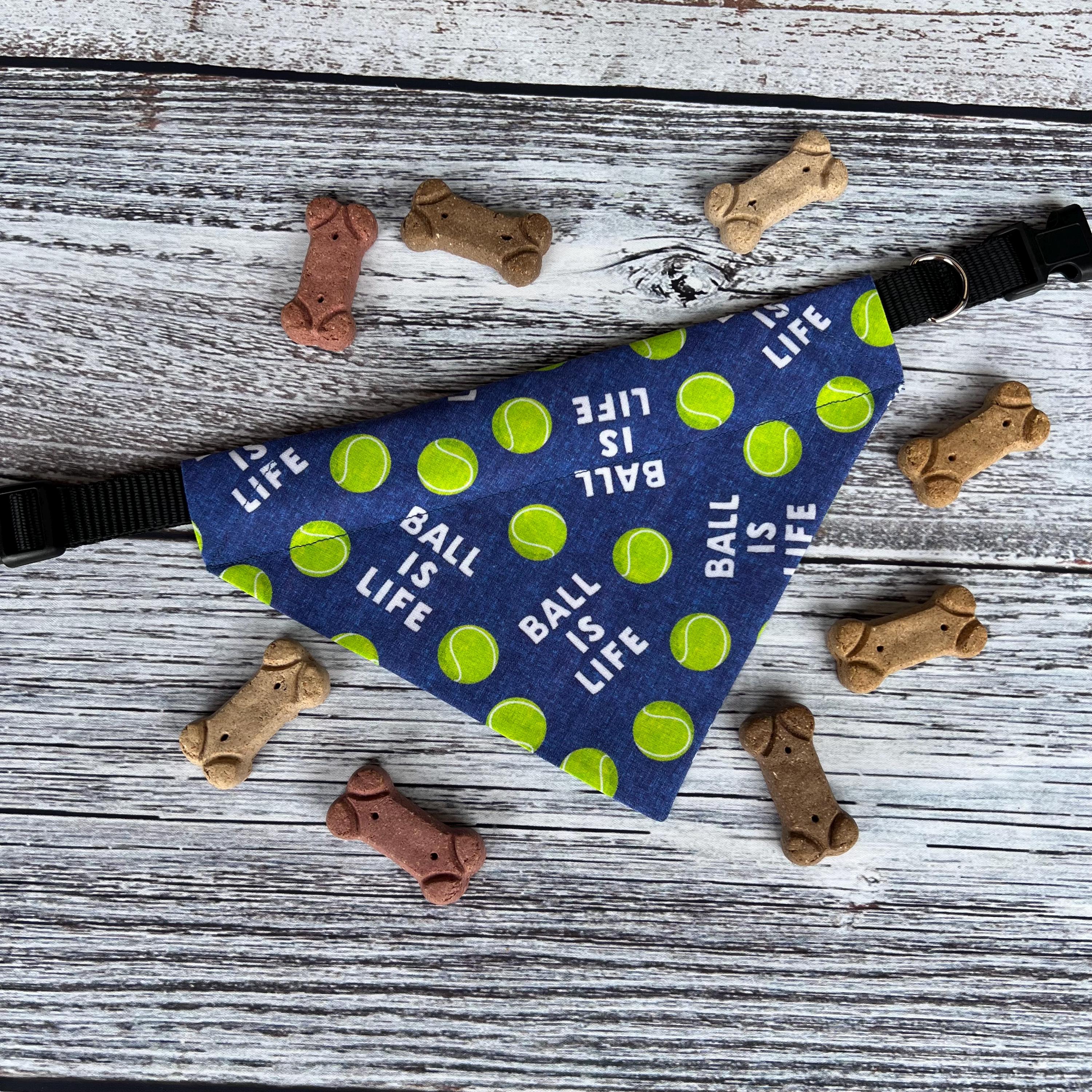 Tennis Ball Dog Bandana: Over the Collar & Scrunchie, Pink or Navy, Ball is Life