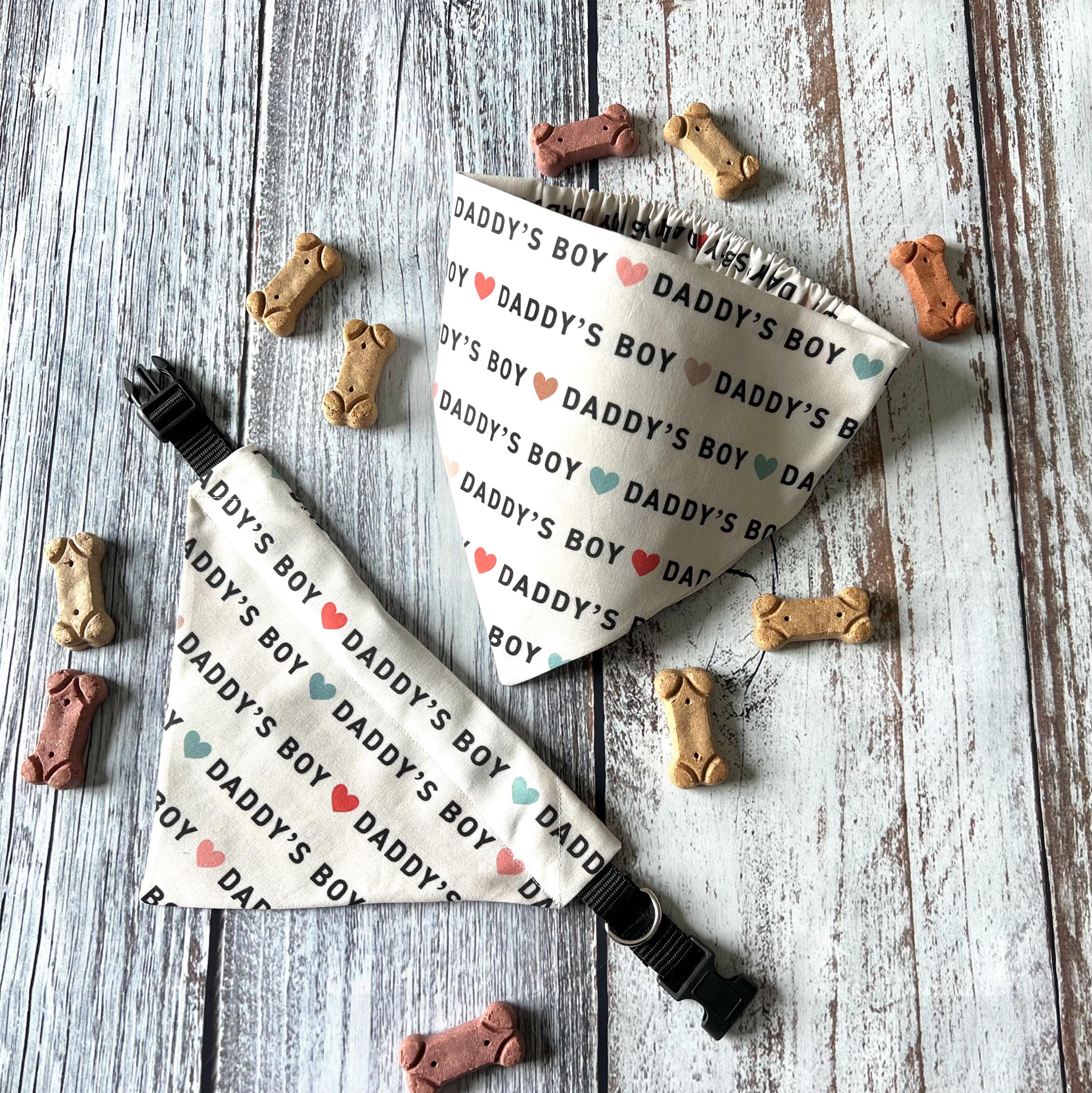 Daddy's Boy Dog Bandana: Neutral Boho Hearts, Over the Collar & Scrunchie