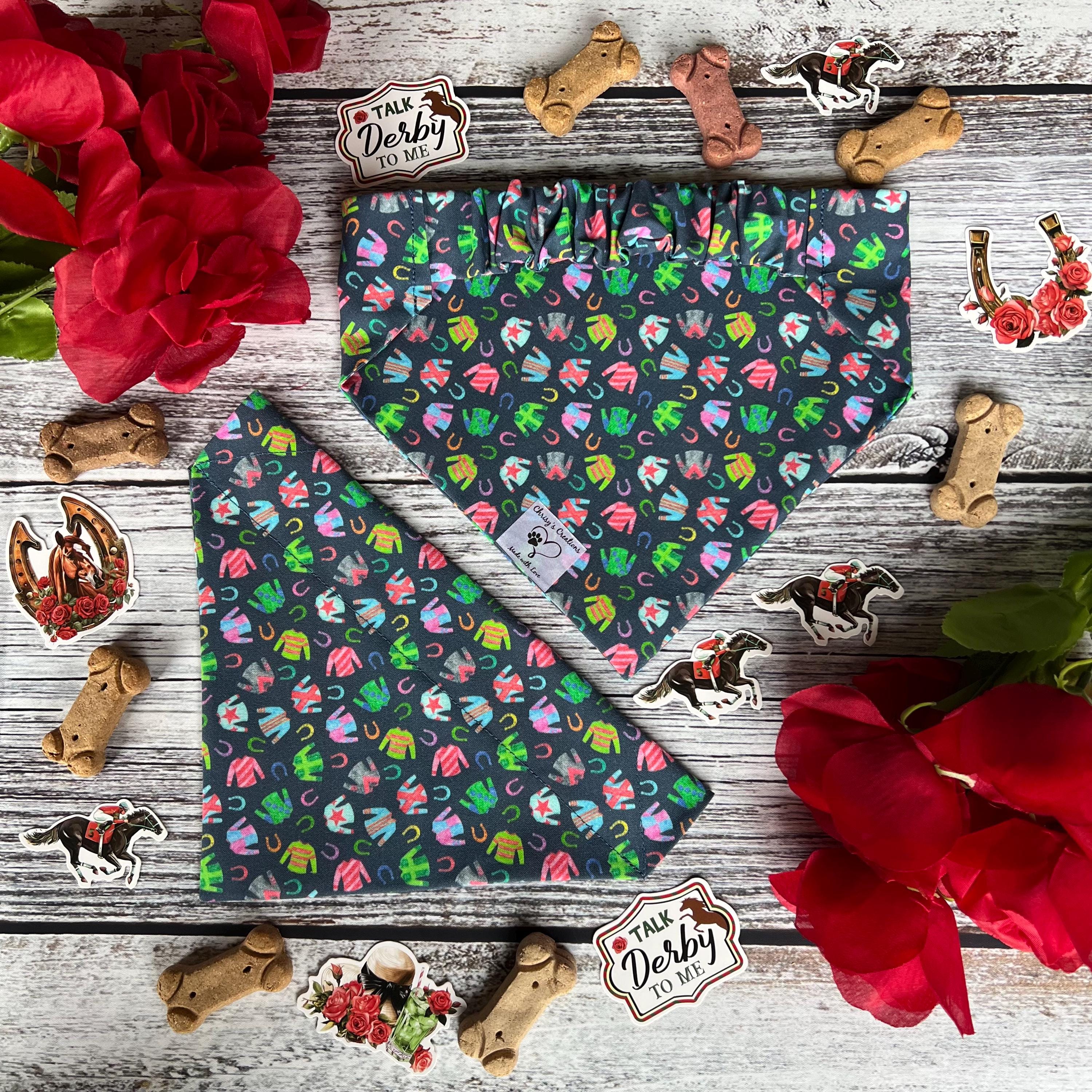 Derby Jockey Silks and Horseshoes Navy Dog Bandana Over the Collar Scrunchie Kentucky
