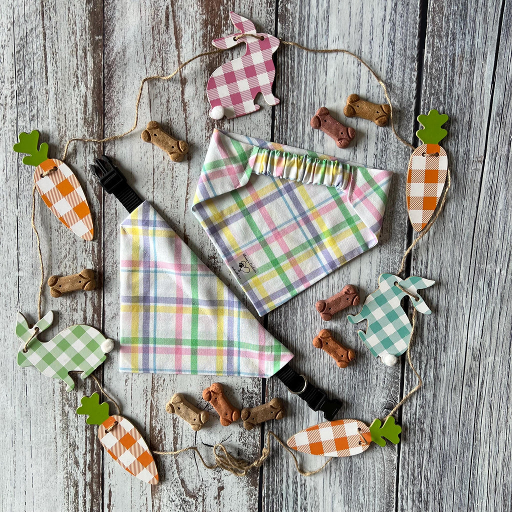 Easter Plaid Pastel Dog Bandana Over the Collar, Bow Tie, Scrunchie Bandana, Pink Purple Mint Green Yellow Blue