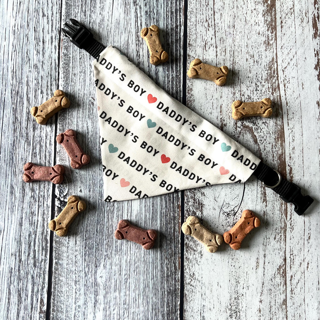 Daddy's Boy Dog Bandana: Neutral Boho Hearts, Over the Collar & Scrunchie