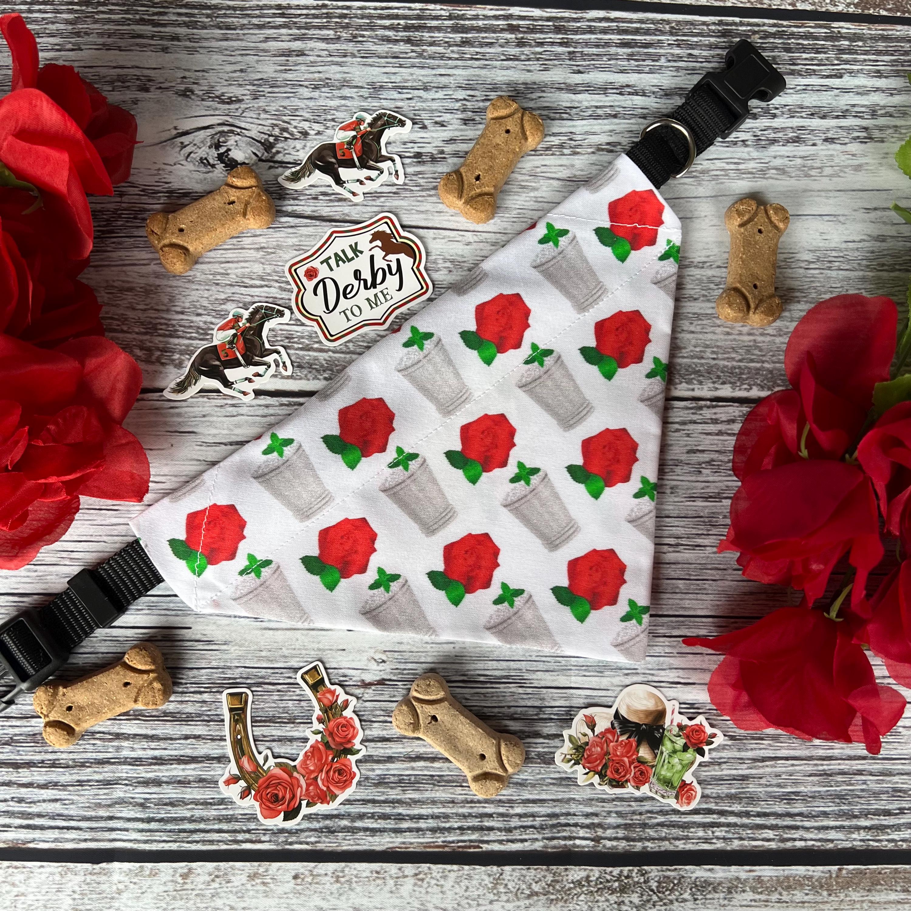 Derby Mint Juleps and Roses White Dog Bandana Over the Collar Scrunchie Kentucky