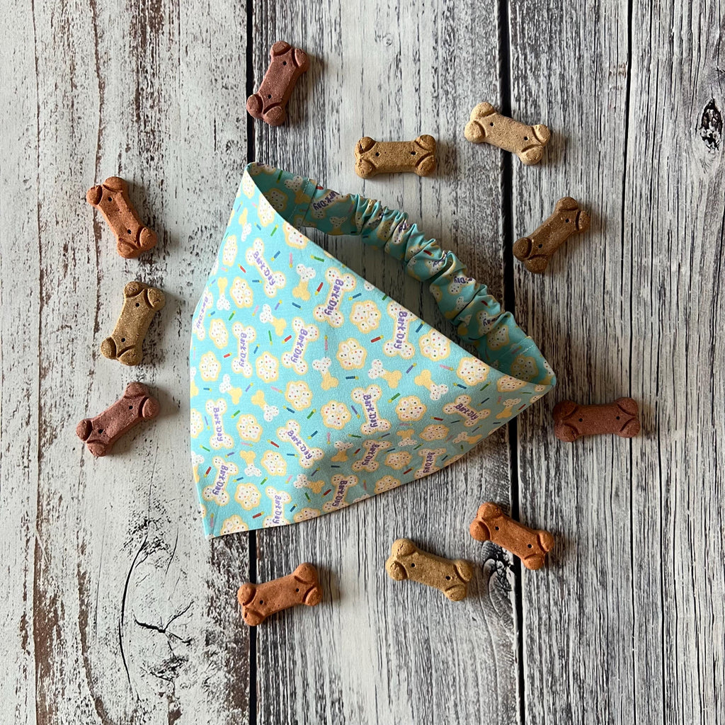 Birthday Dog Bandana: Aqua Blue Sprinkle Cookie, Bones, Candles, Over the Collar & Scrunchie