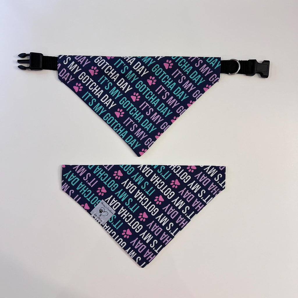 Gotcha Day Dog Bandana: Navy Over the Collar