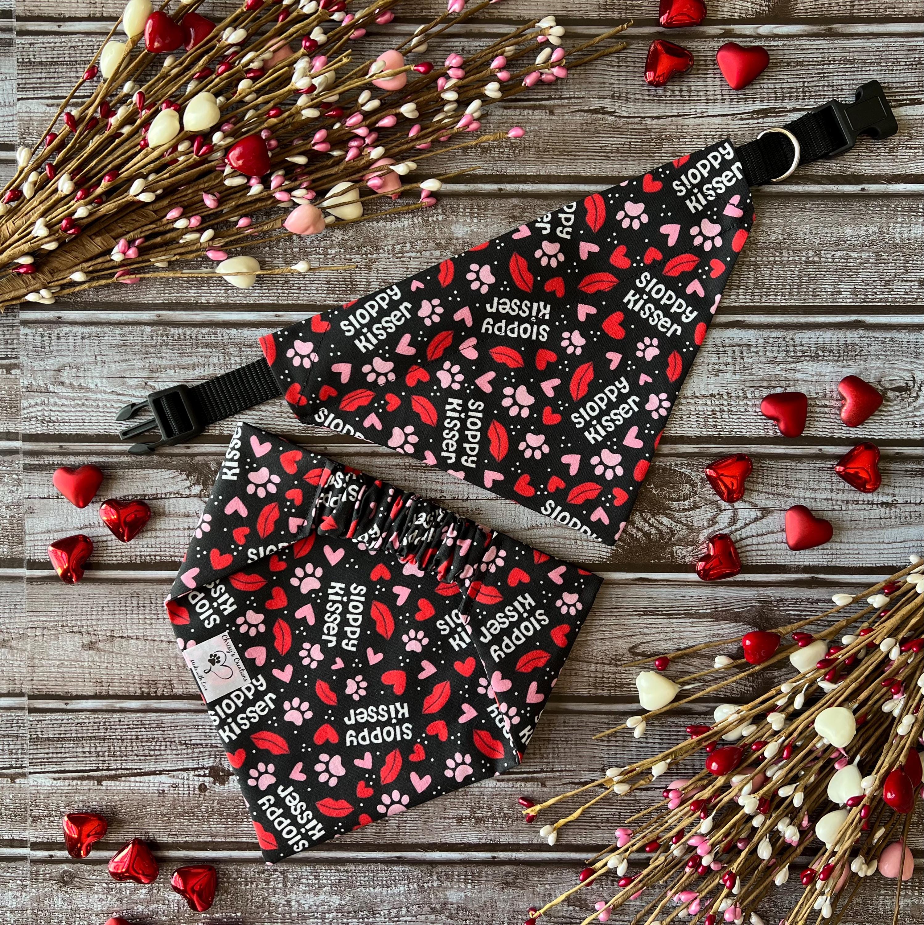 Dog Bandana: Sloppy Kisser Lips & Paws, Over the Collar or Scrunchie