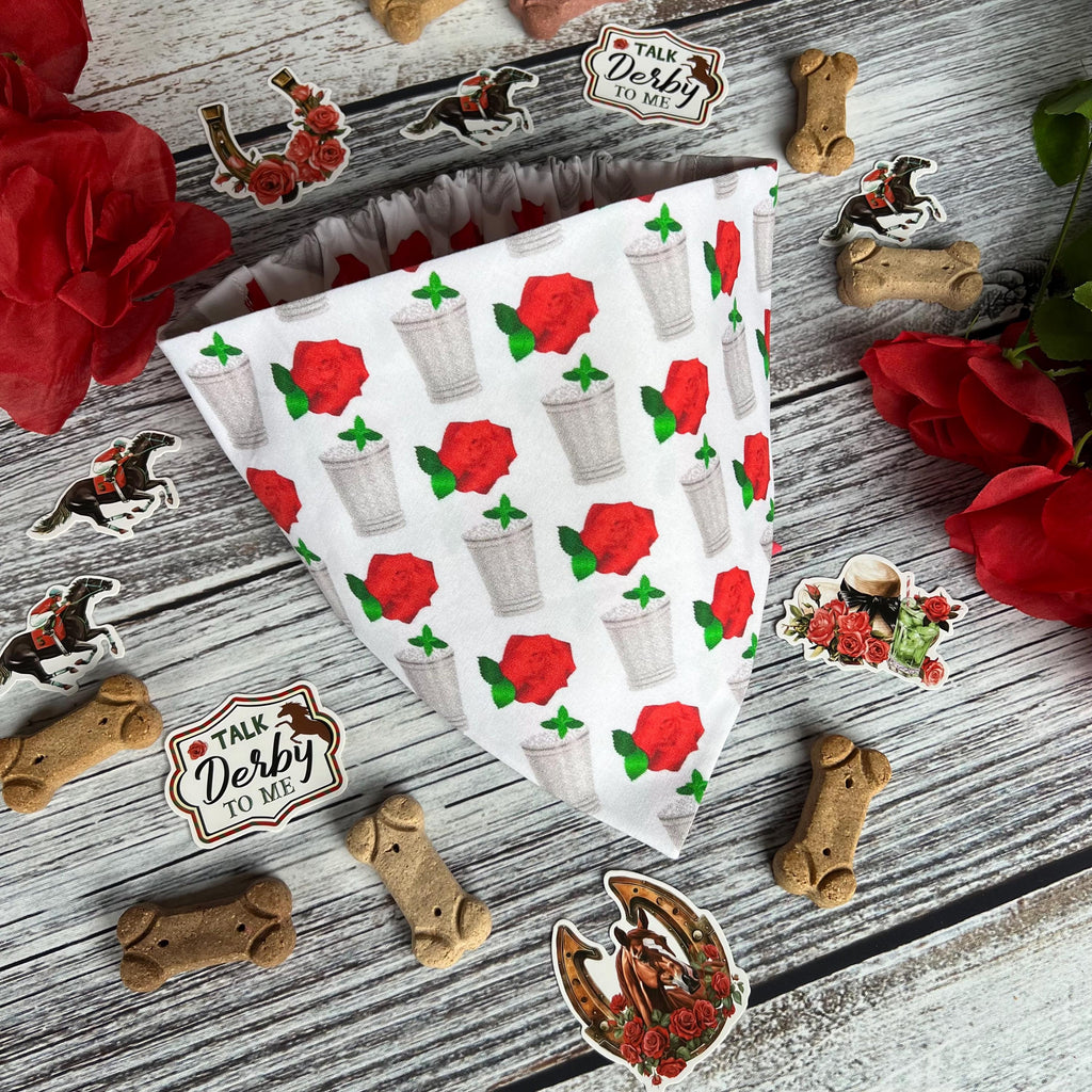 Derby Mint Juleps and Roses White Dog Bandana Over the Collar Scrunchie Kentucky