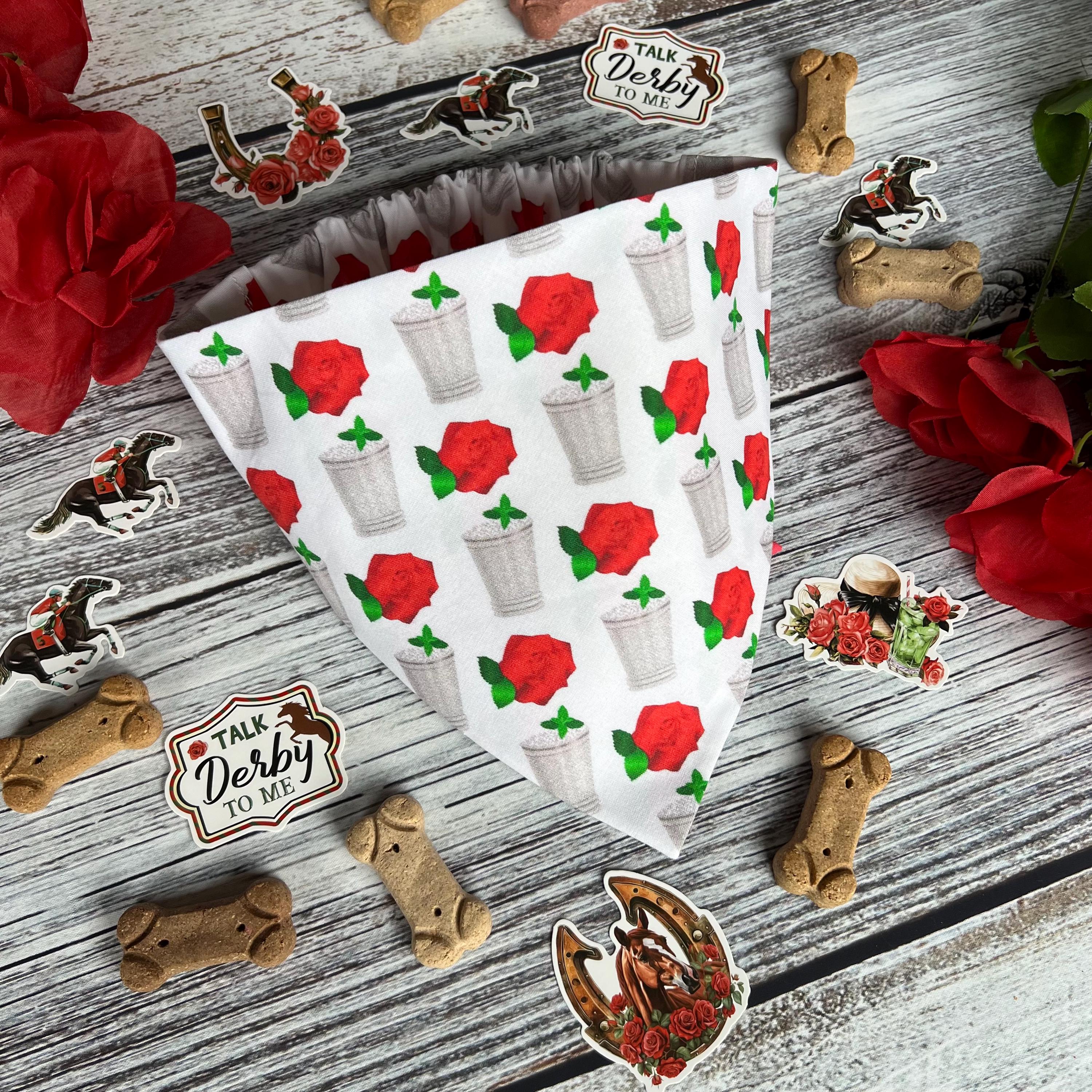 Derby Mint Juleps and Roses White Dog Bandana Over the Collar Scrunchie Kentucky