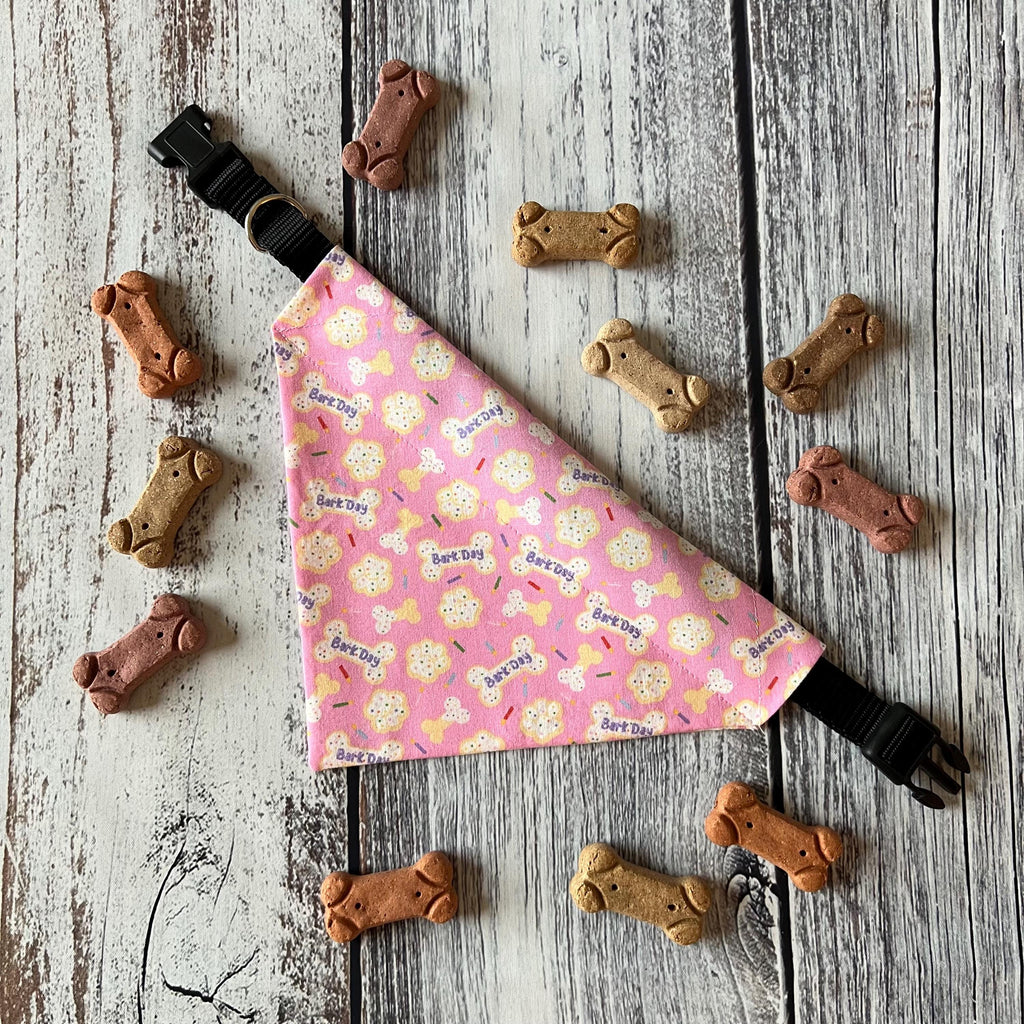 Birthday Bark Day Pink Dog Bandana Over the Collar Scrunchie Bandana Sprinkle Cookie Bones Candles