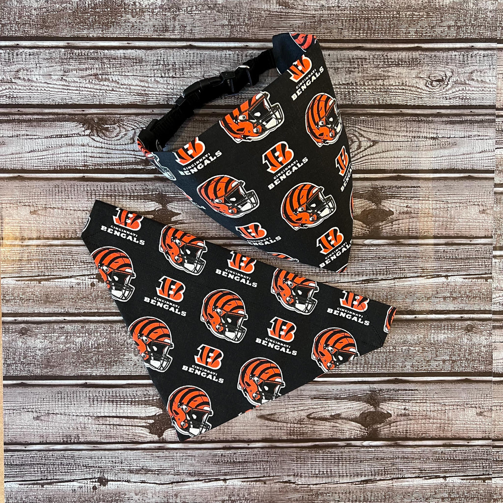 Bengals Dog Bandana; Scrunchie and Over the Collar, Black and Orange Football