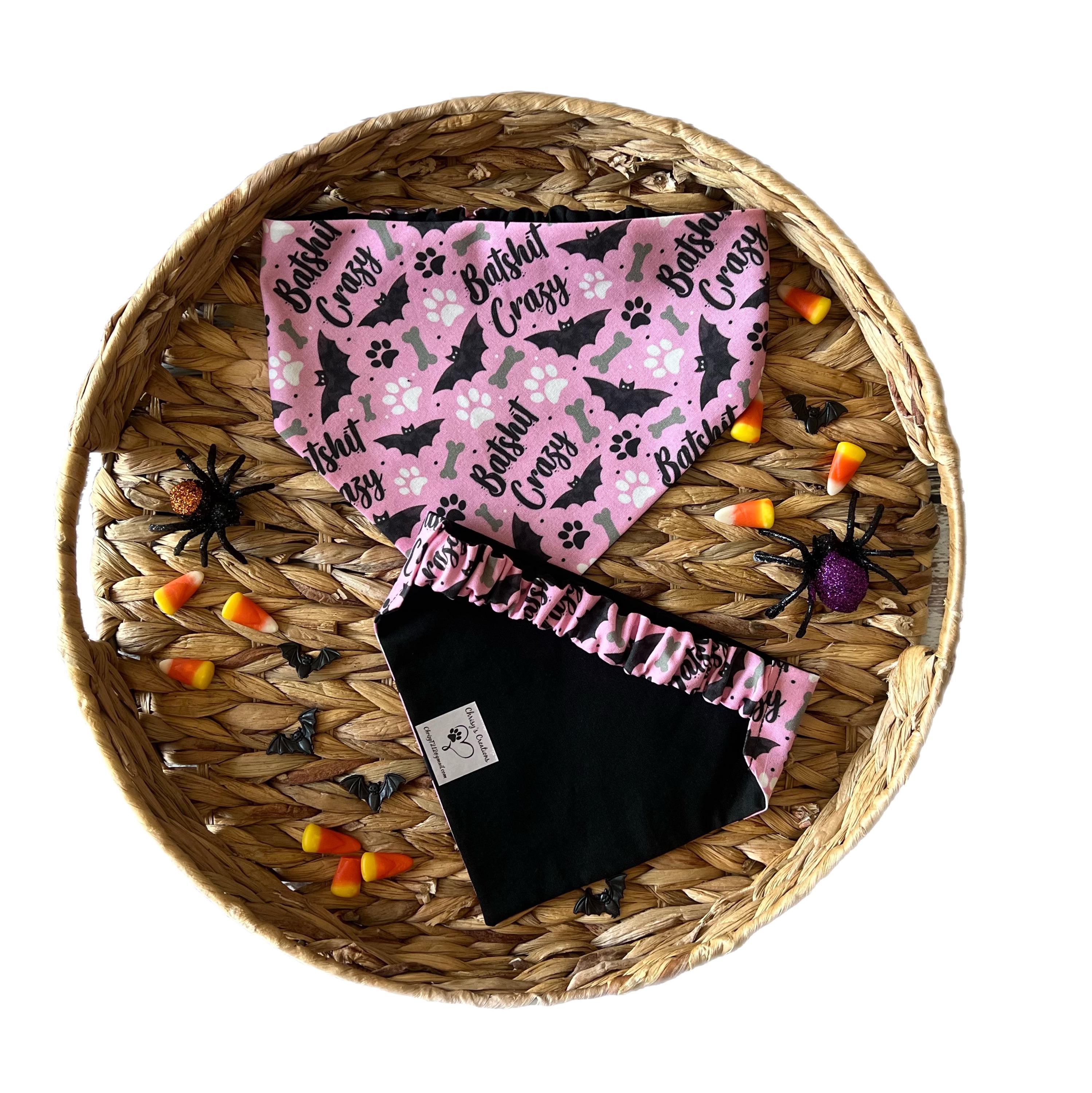 Halloween Batshit Crazy Dog Bandana Scrunchie: Spooky Bats, Bones and Paws