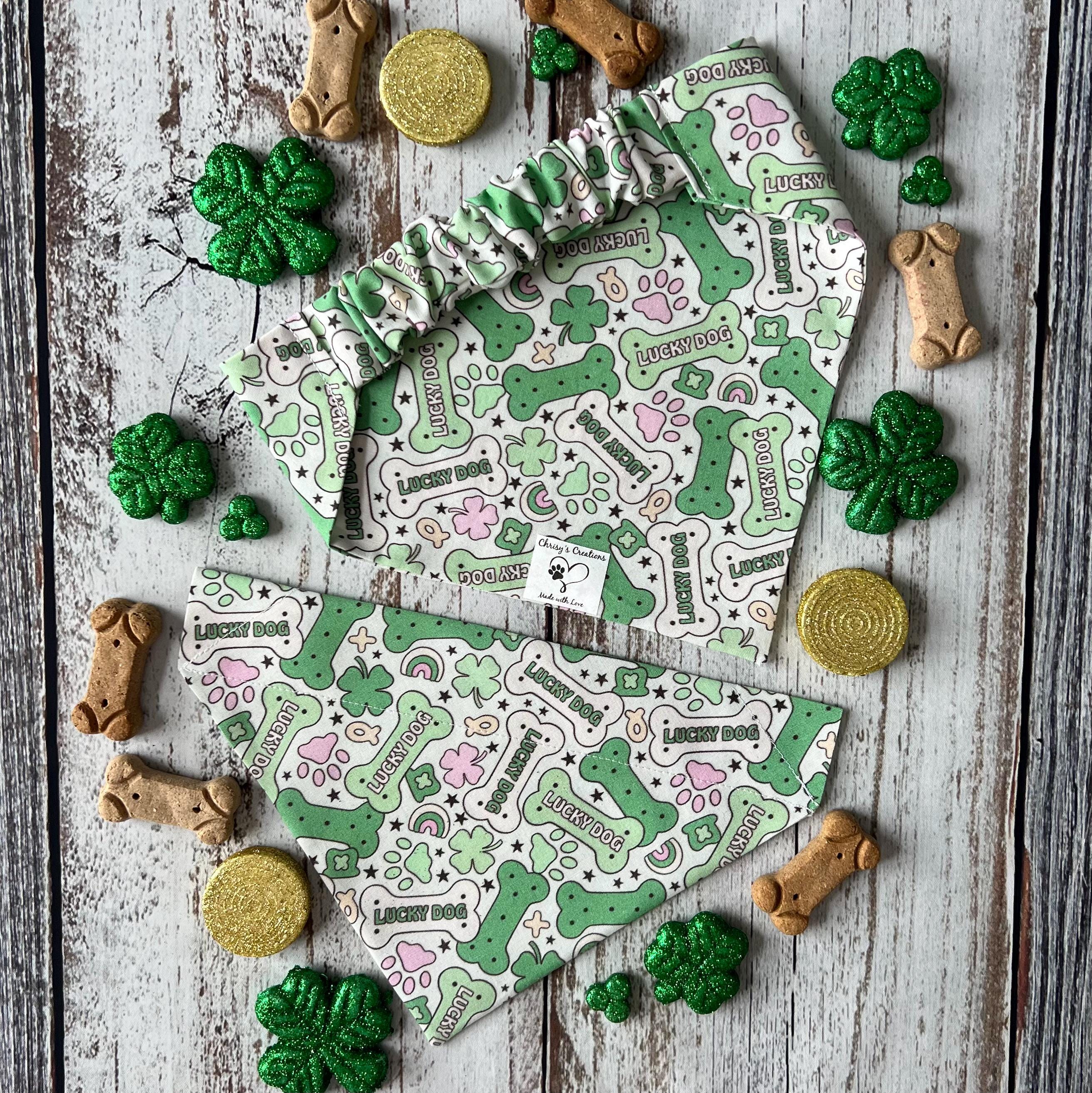 St Patrick's Dog Bandana Lucky Charm Dog Bone Shamrock Rainbow Paw Over the Collar Scrunchiedana Bandana