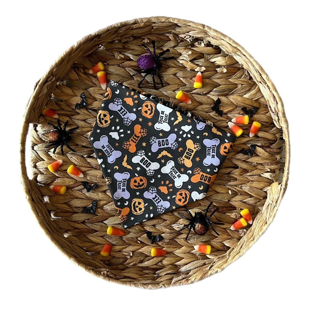 Halloween Dog Bandana: Spooky Bones Treats, Bats, Pumpkins - Over the Collar or Scrunchie