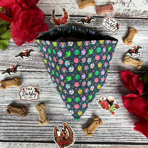 Derby Jockey Silks and Horseshoes Navy Dog Bandana Over the Collar Scrunchie Kentucky