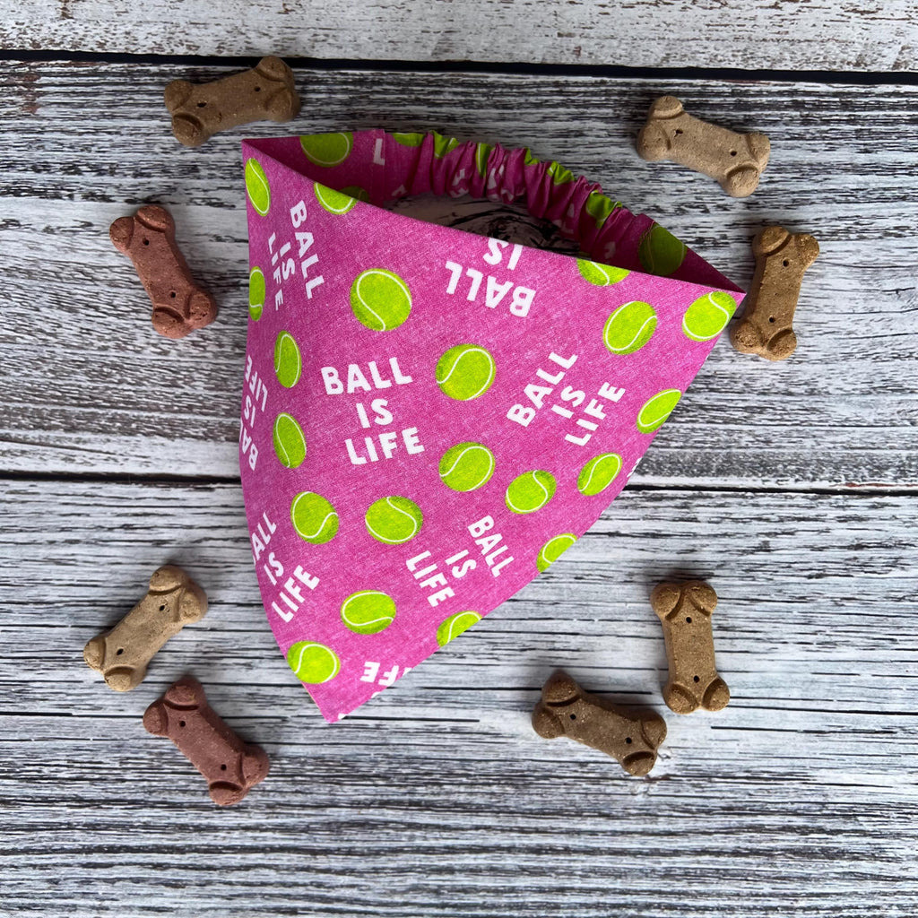 Tennis Ball Dog Bandana: Over the Collar & Scrunchie, Pink or Navy, Ball is Life