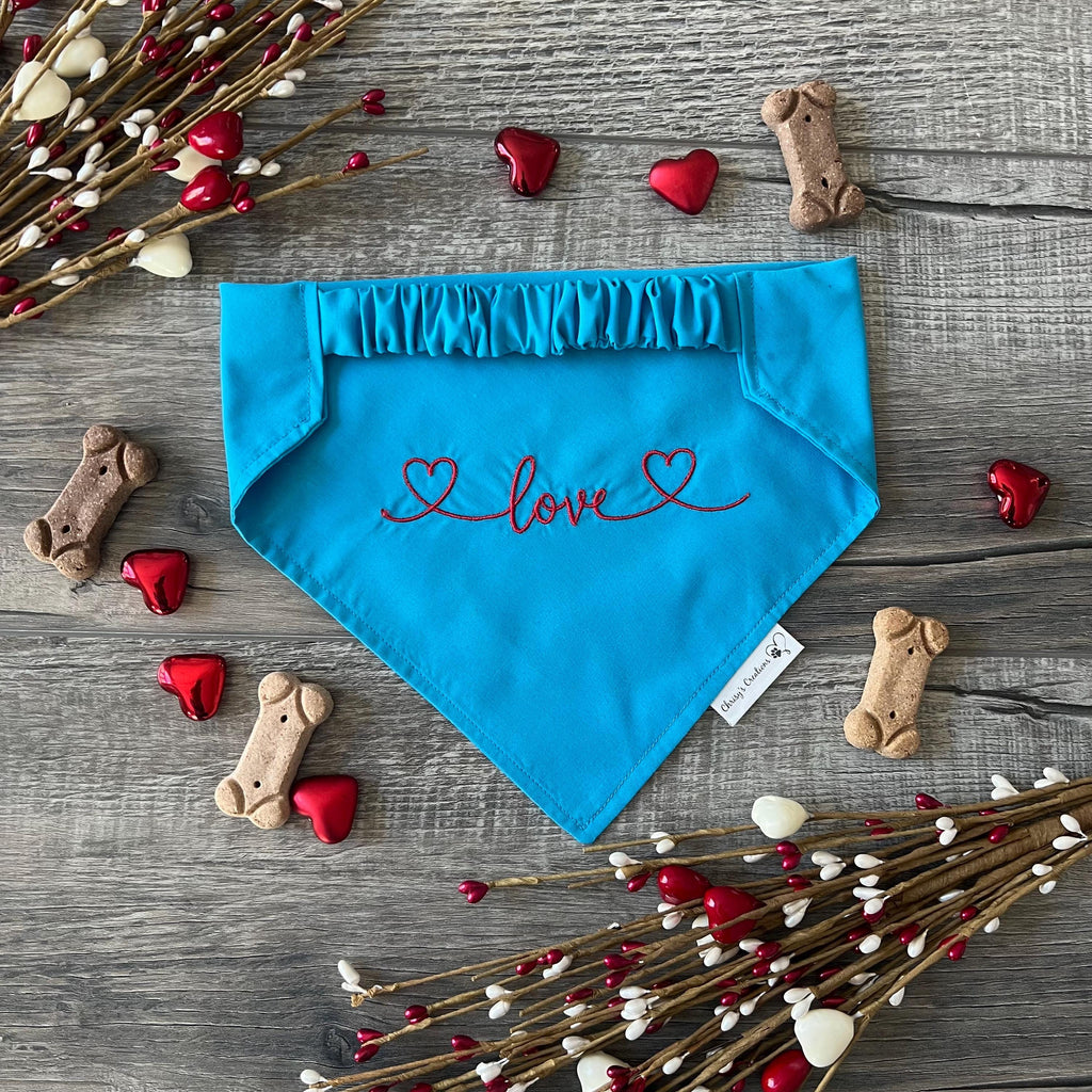 Love Dog Bandana: Scrunchie, Valentine Embroidered Turquoise