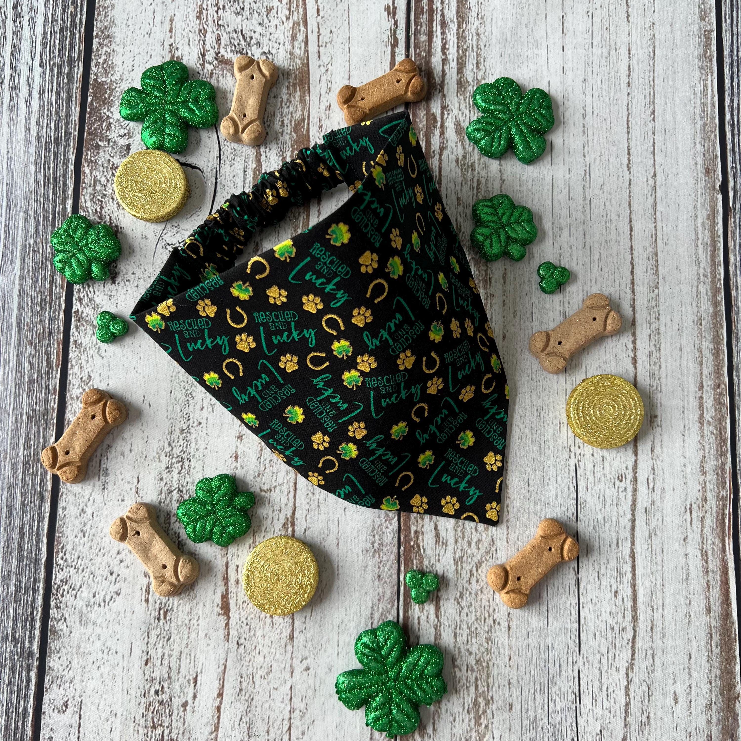 St Patrick's Dog Bandana Rescued and Lucky Black Gold Shamrock Horseshoe Paw Over the Collar Scrunchiedana Bandana