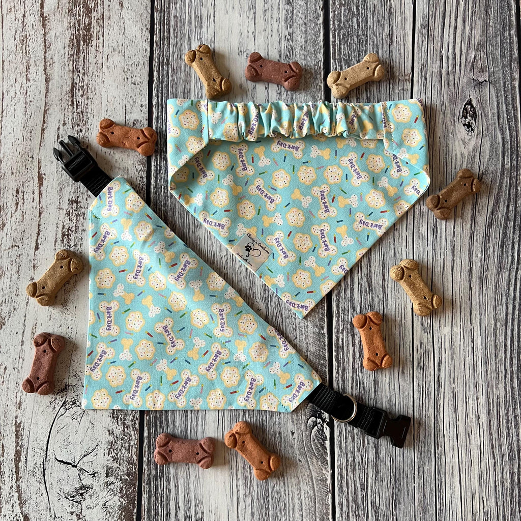 Birthday Dog Bandana: Aqua Blue Sprinkle Cookie, Bones, Candles, Over the Collar & Scrunchie