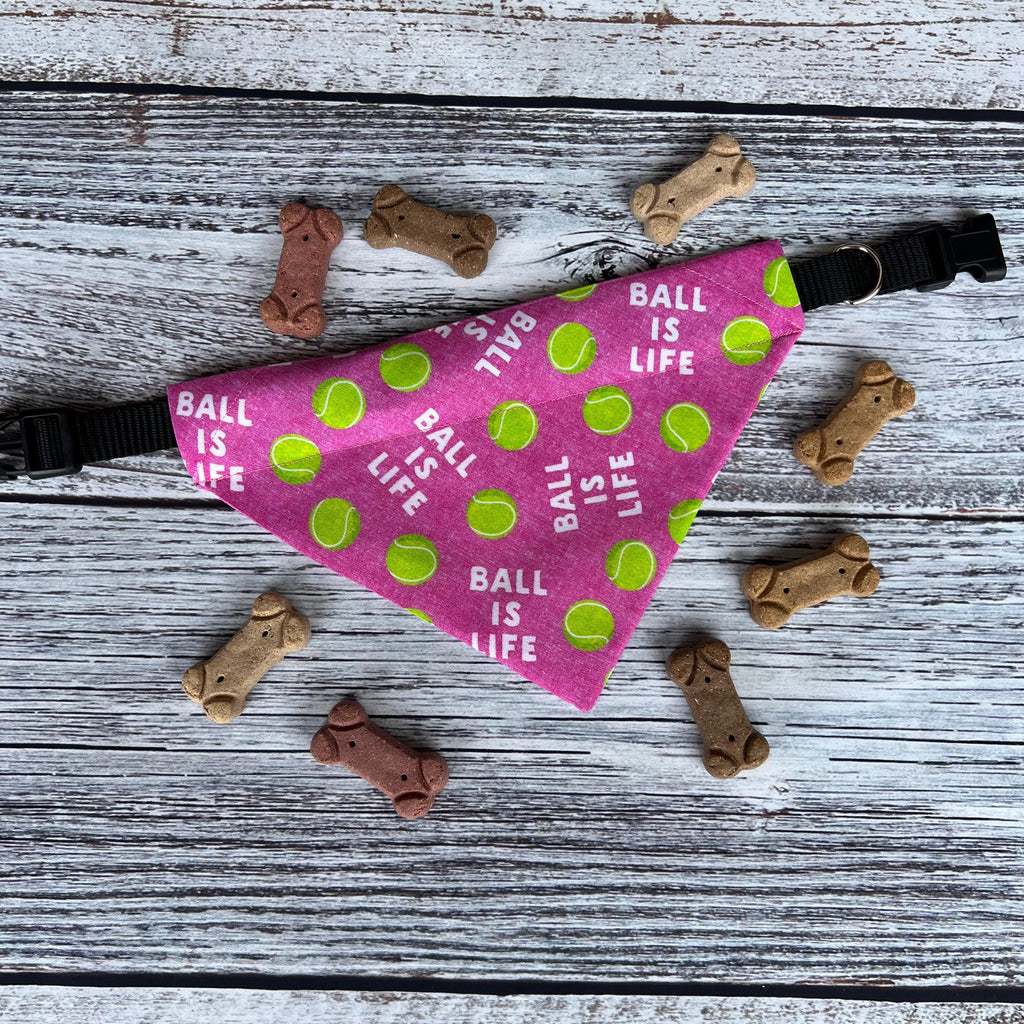 Tennis Ball Dog Bandana: Over the Collar & Scrunchie, Pink or Navy, Ball is Life