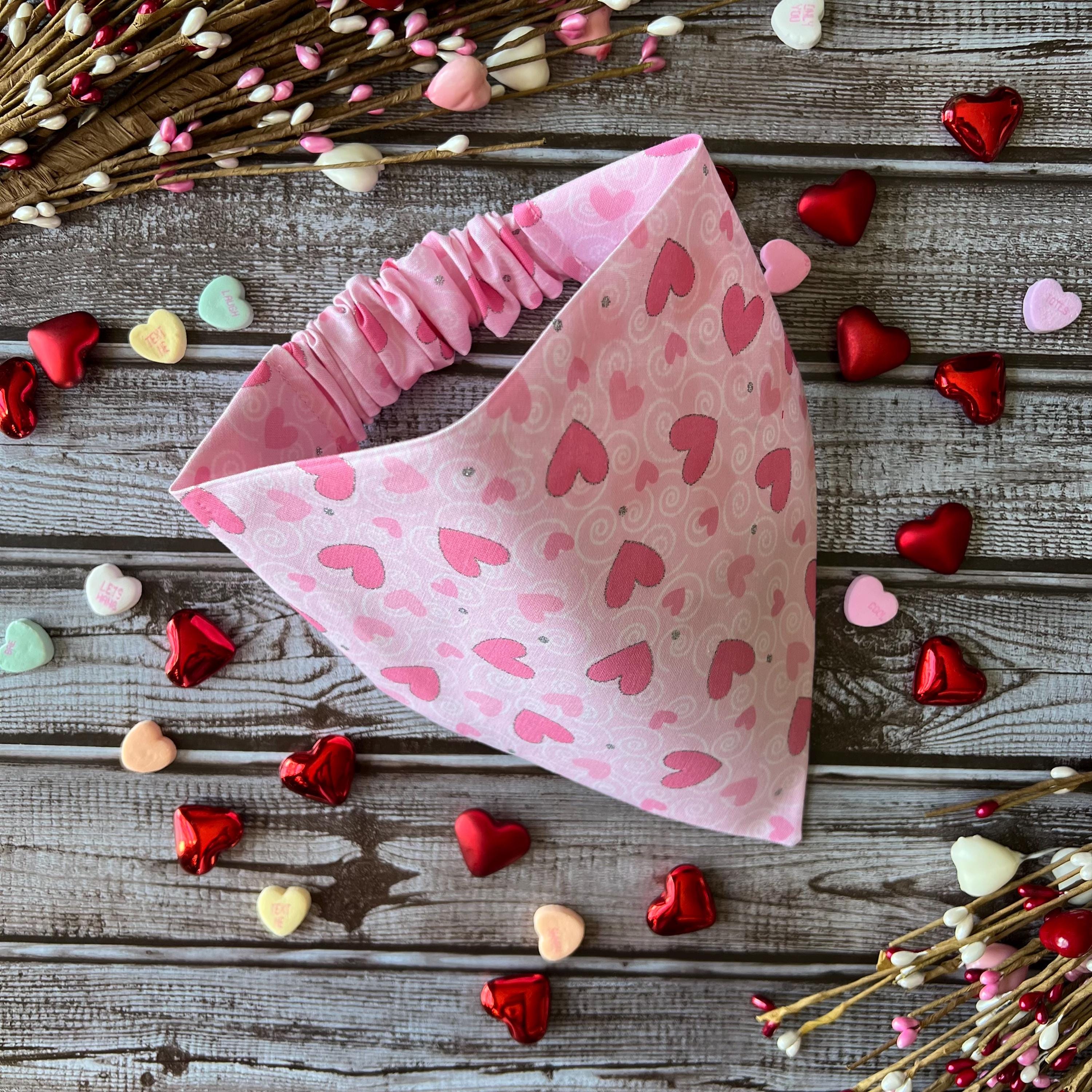 Valentine Pink Hearts Glitter Dog Bandana: Over the Collar or Scrunchie Style