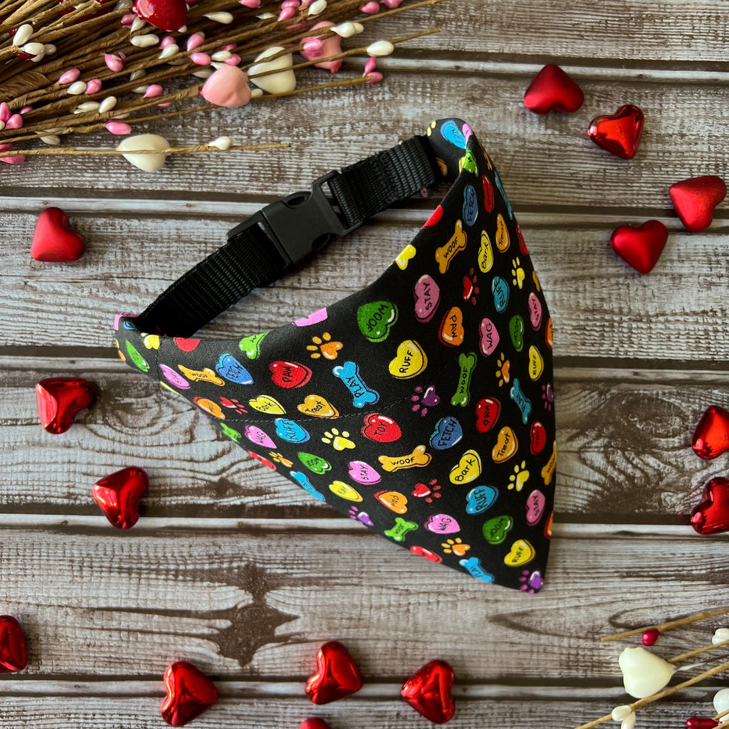 Conversation Hearts Black Pink Red Dog Bandana Over the Collar Bandana Scrunchie Bandana Valentine