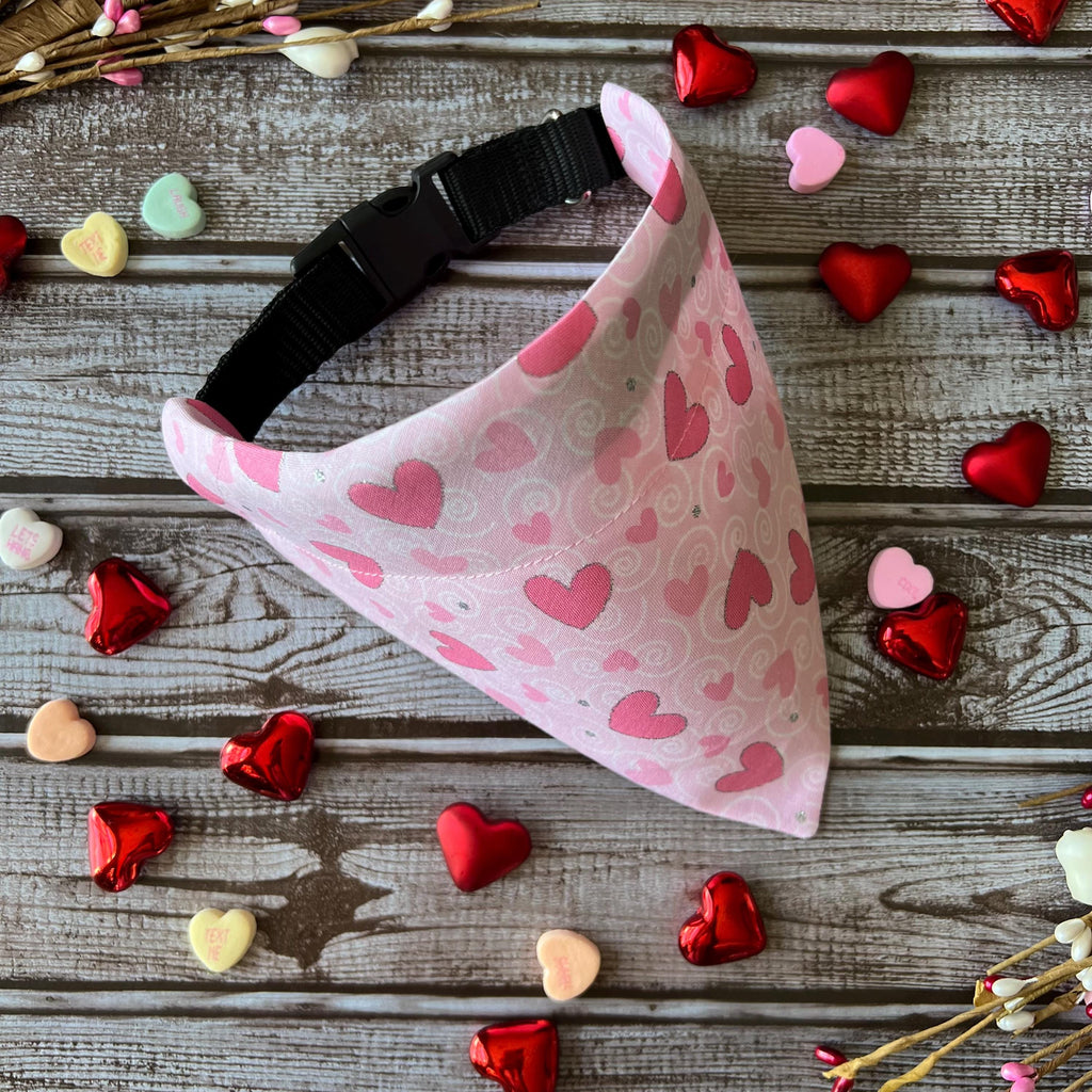Valentine Pink Hearts Glitter Dog Bandana: Over the Collar or Scrunchie Style