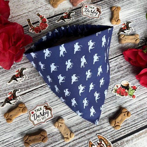 Derby Racehorses Dog Bandana: Navy Over the Collar & Scrunchie