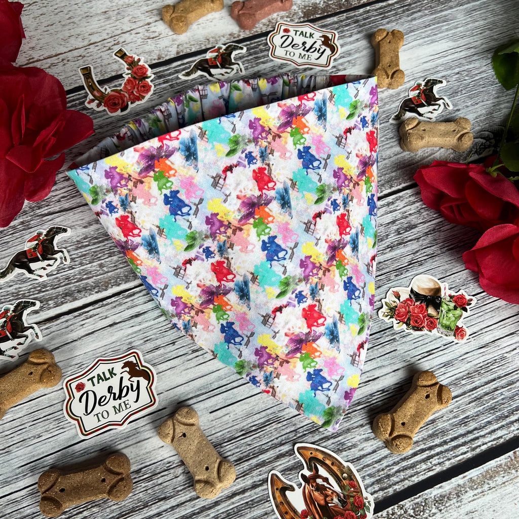 Derby Horseracing Watercolors Dog Bandana Over the Collar Scrunchie Kentucky Horses, Hats, Spiers Multi Colors