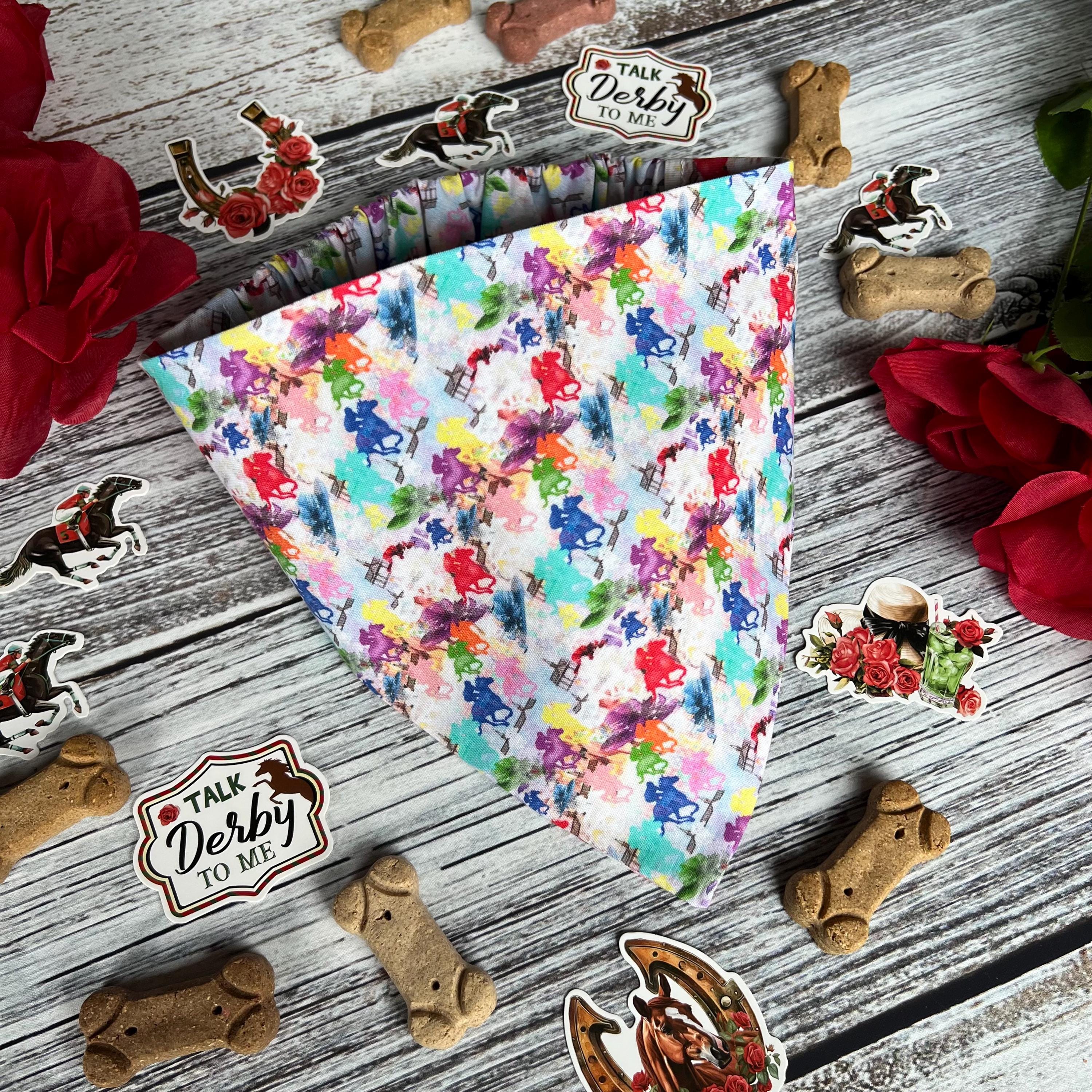 Derby Horseracing Watercolors Dog Bandana Over the Collar Scrunchie Kentucky Horses, Hats, Spiers Multi Colors