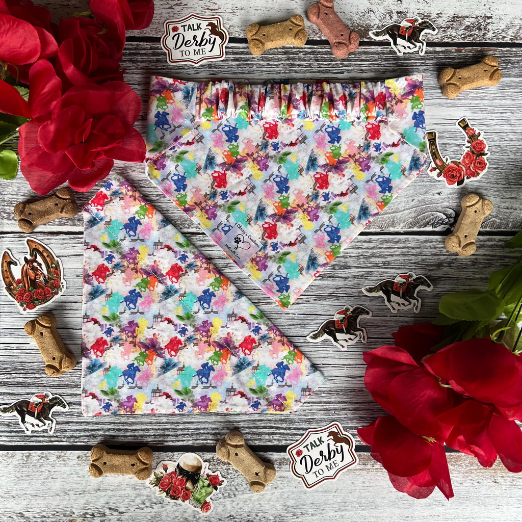 Derby Horseracing Watercolors Dog Bandana Over the Collar Scrunchie Kentucky Horses, Hats, Spiers Multi Colors