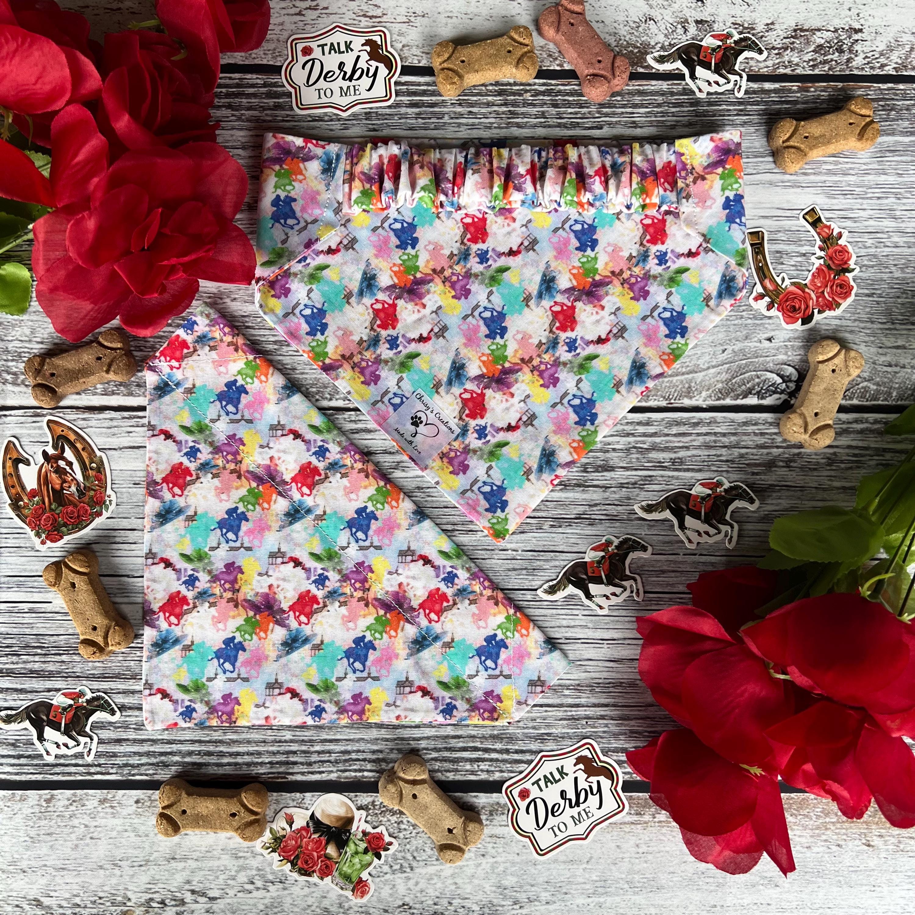 Derby Horseracing Watercolors Dog Bandana Over the Collar Scrunchie Kentucky Horses, Hats, Spiers Multi Colors