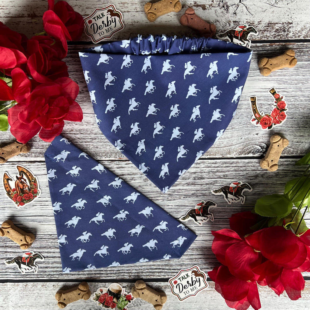 Derby Racehorses Dog Bandana: Navy Over the Collar & Scrunchie