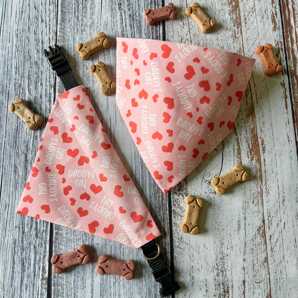 Daddy's Girl Pink and Red Hearts Dog Bandana Over the Collar Scrunchie Father's Day Dad