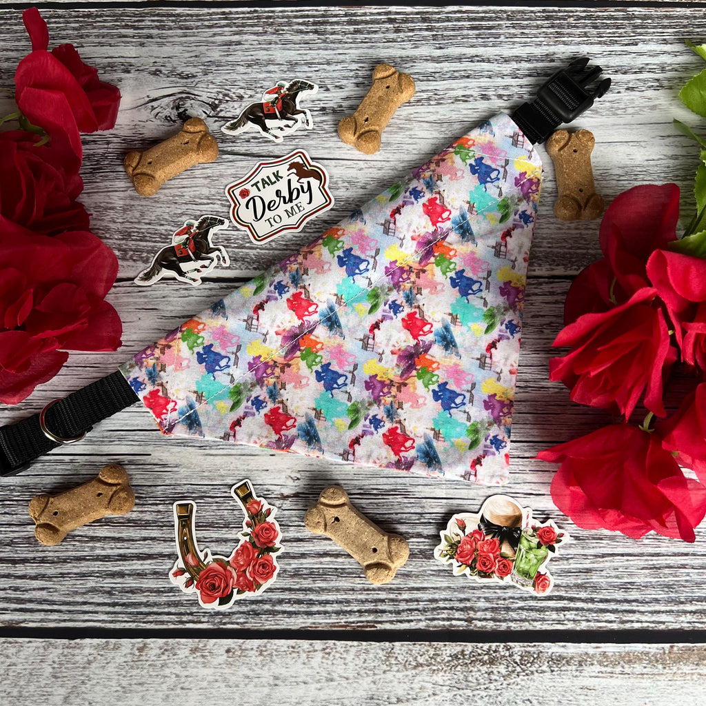 Derby Horseracing Watercolors Dog Bandana Over the Collar Scrunchie Kentucky Horses, Hats, Spiers Multi Colors