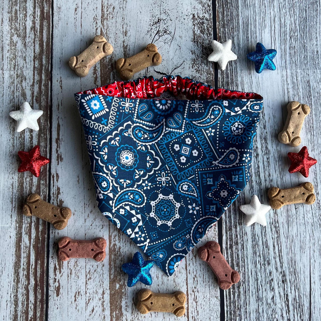 Patriotic Dog Bandana: Red White Blue Paisley, Reversible, Scrunchie & Over the Collar