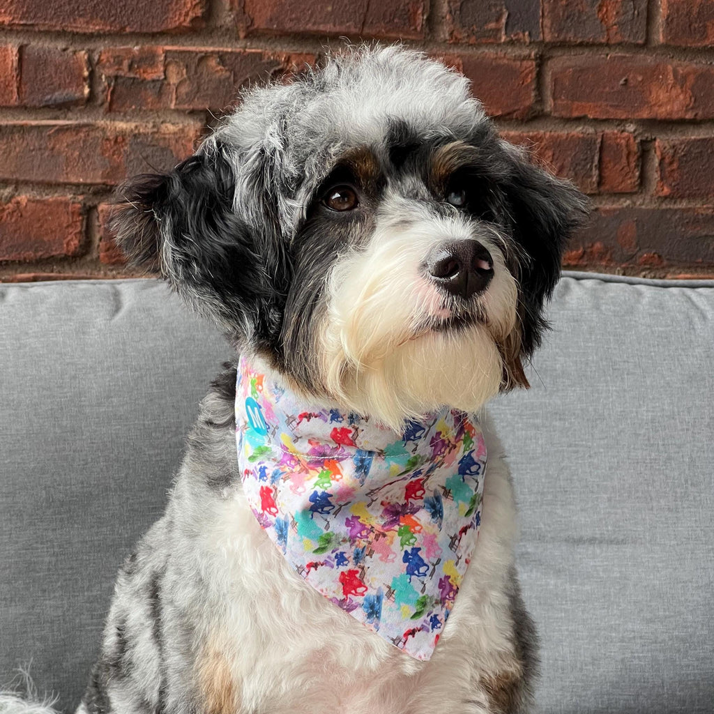 Derby Horseracing Watercolors Dog Bandana Over the Collar Scrunchie Kentucky Horses, Hats, Spiers Multi Colors
