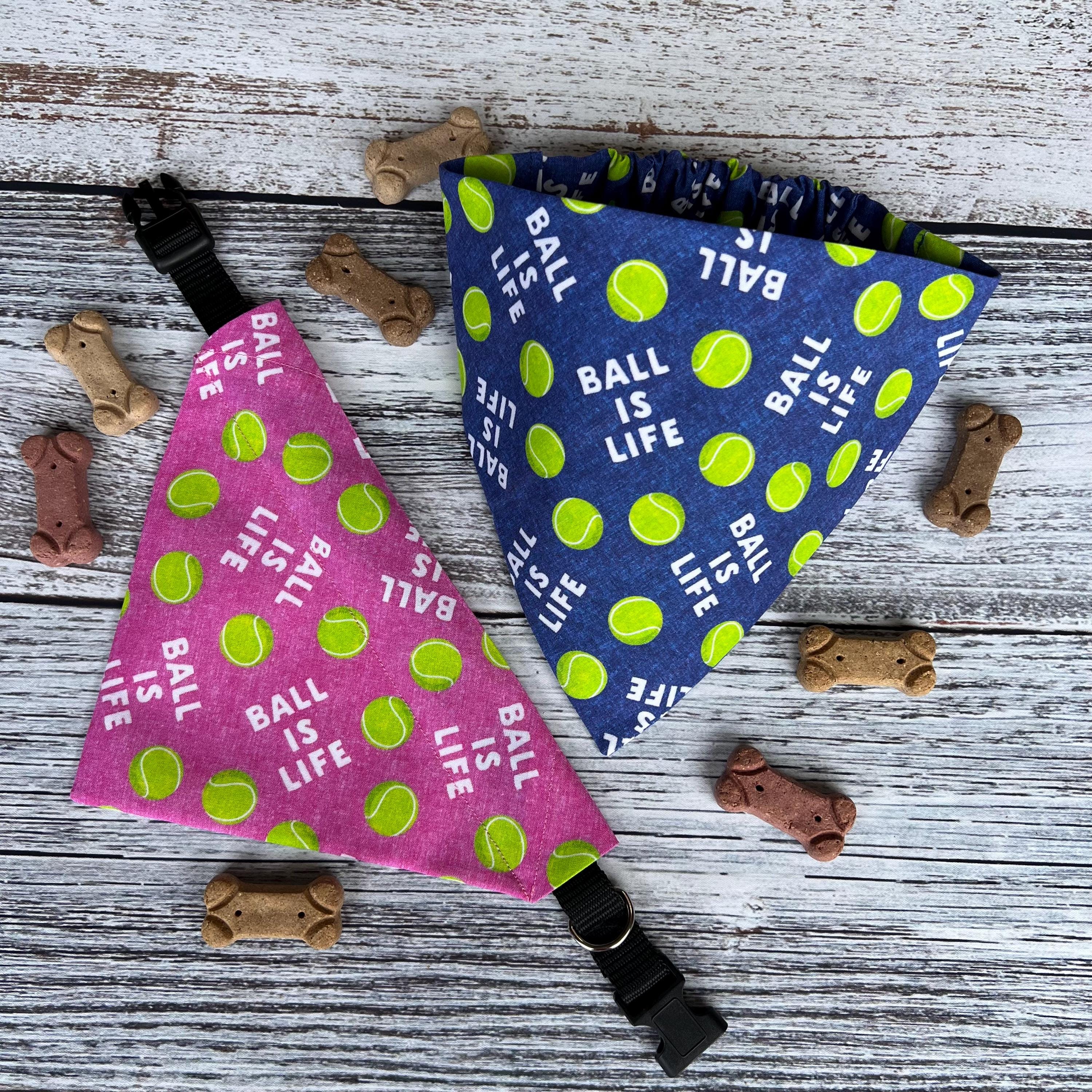 Tennis Ball Dog Bandana: Over the Collar & Scrunchie, Pink or Navy, Ball is Life