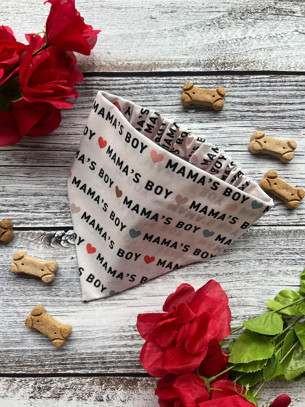 Mama's Boy Dog Bandana: Neutral Boho Hearts, Over the Collar & Scrunchie
