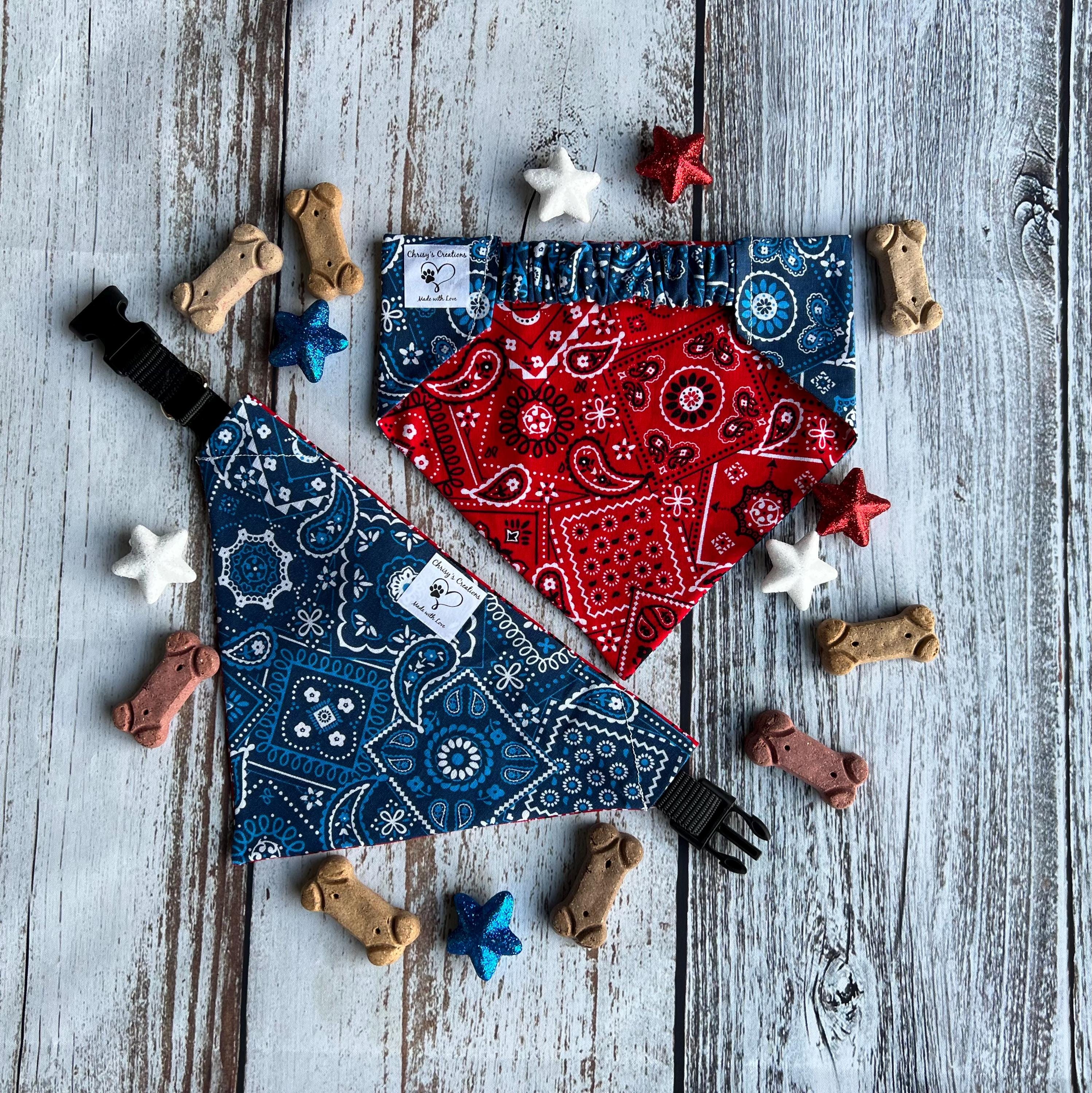 Patriotic Dog Bandana: Red White Blue Paisley, Reversible, Scrunchie & Over the Collar