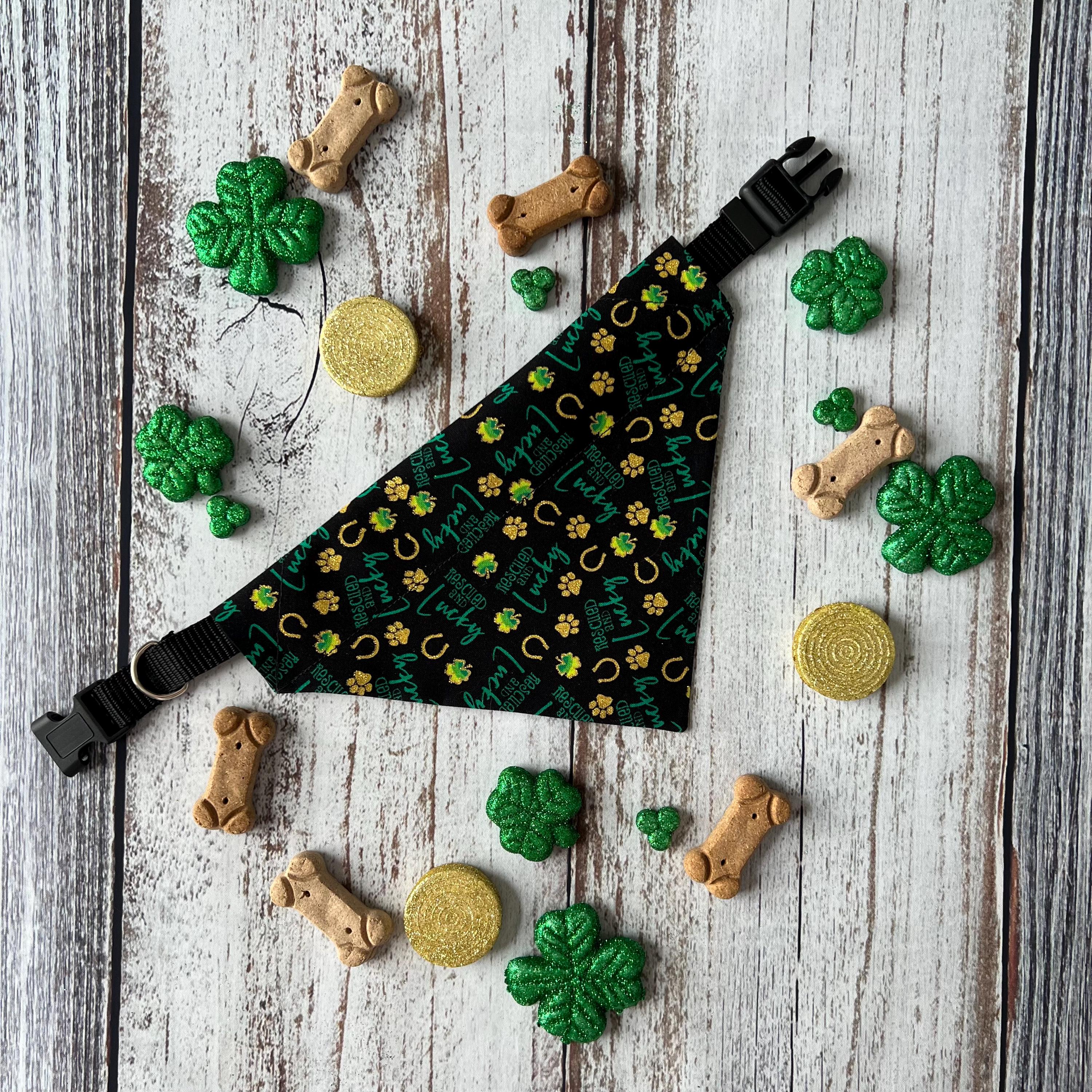 St Patrick's Dog Bandana Rescued and Lucky Black Gold Shamrock Horseshoe Paw Over the Collar Scrunchiedana Bandana