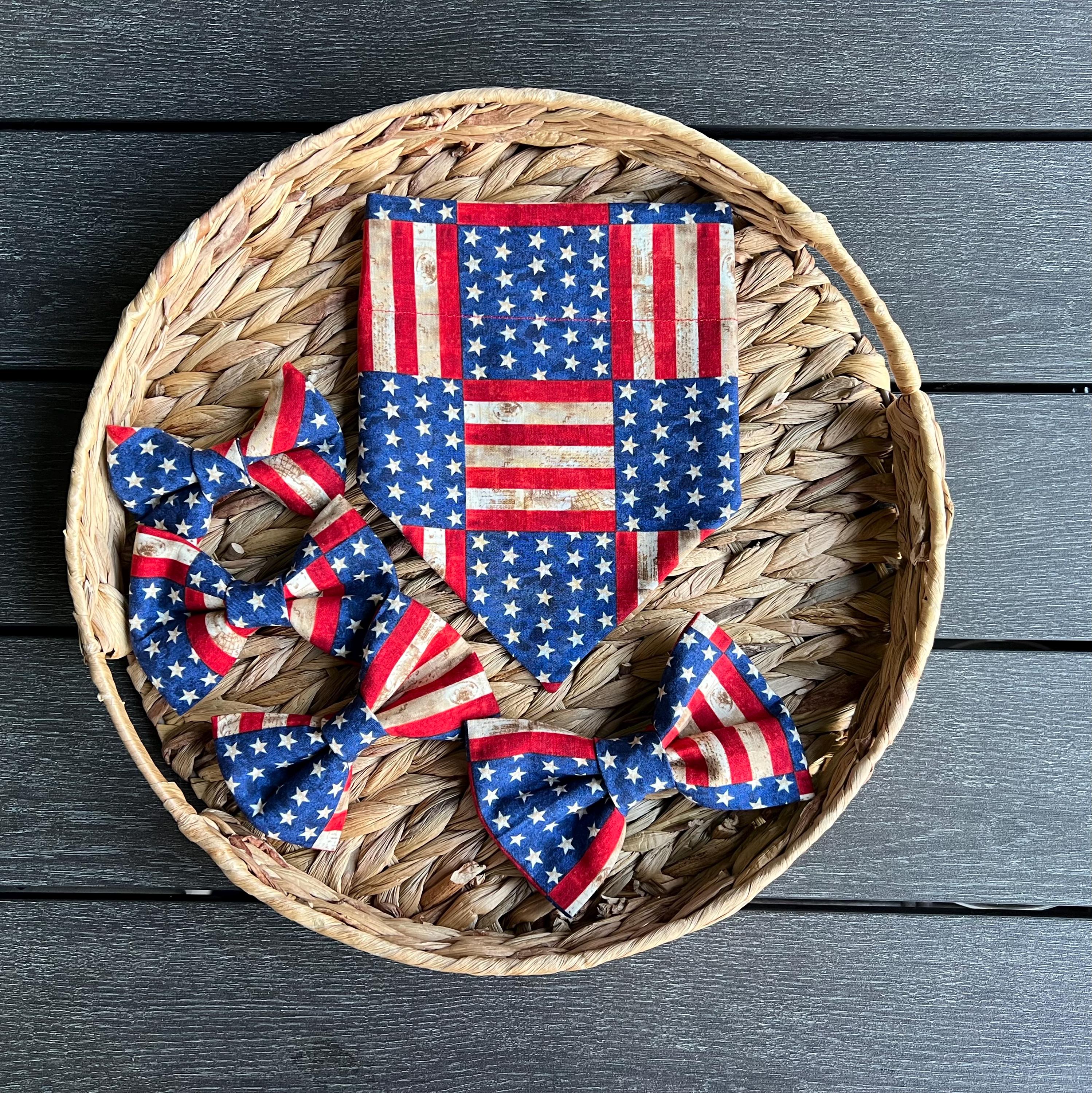 USA American Flag Patriotic Dog Bandana, Bow Tie - Over the Collar