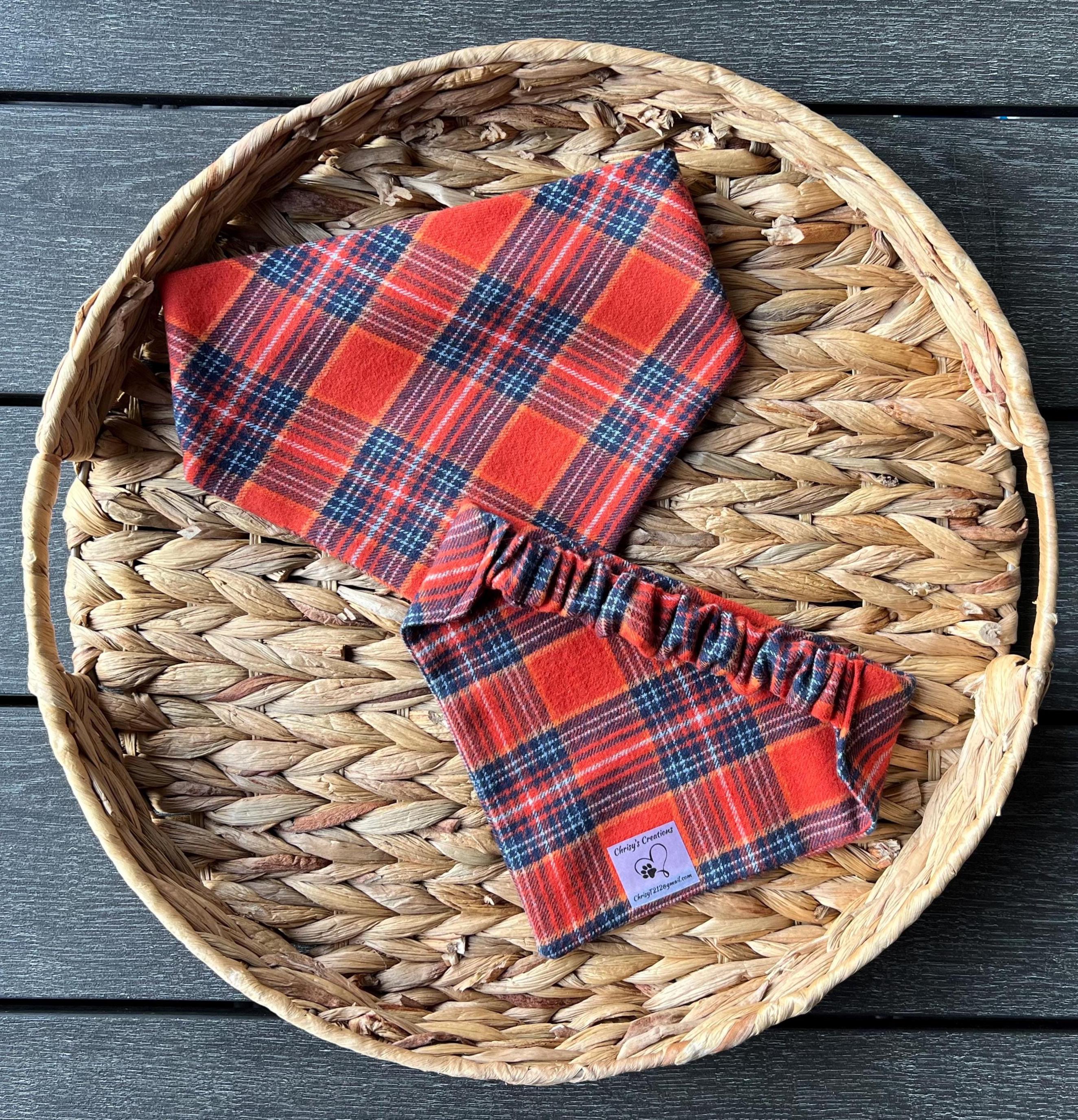 Plaid Flannel Dog Bandana Scrunchie Orange Navy Fall Autumn Thanksgiving
