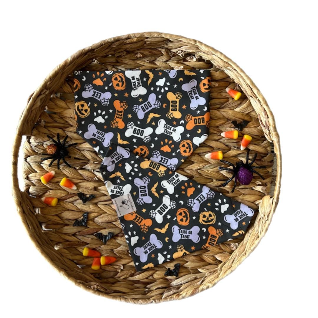 Halloween Dog Bandana: Spooky Bones Treats, Bats, Pumpkins - Over the Collar or Scrunchie
