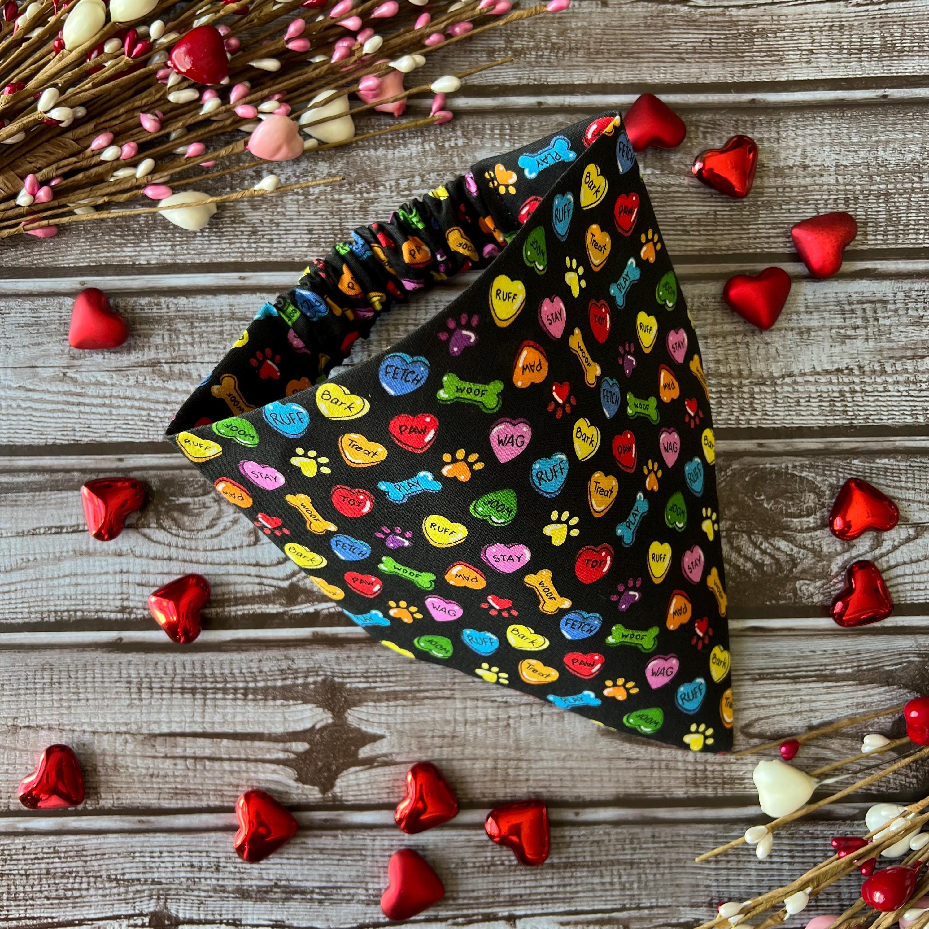 Conversation Hearts Black Pink Red Dog Bandana Over the Collar Bandana Scrunchie Bandana Valentine