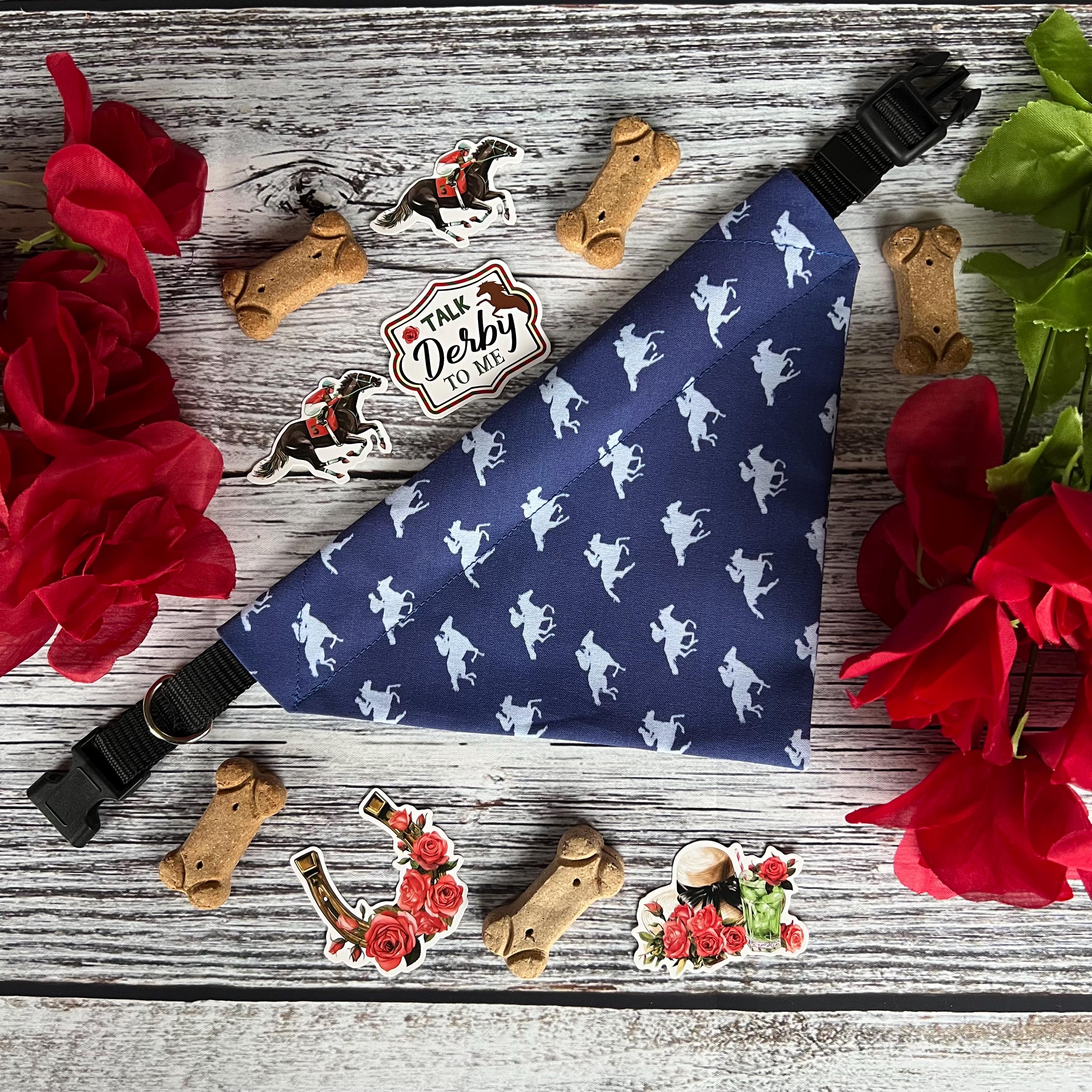 Derby Racehorses Dog Bandana: Navy Over the Collar & Scrunchie