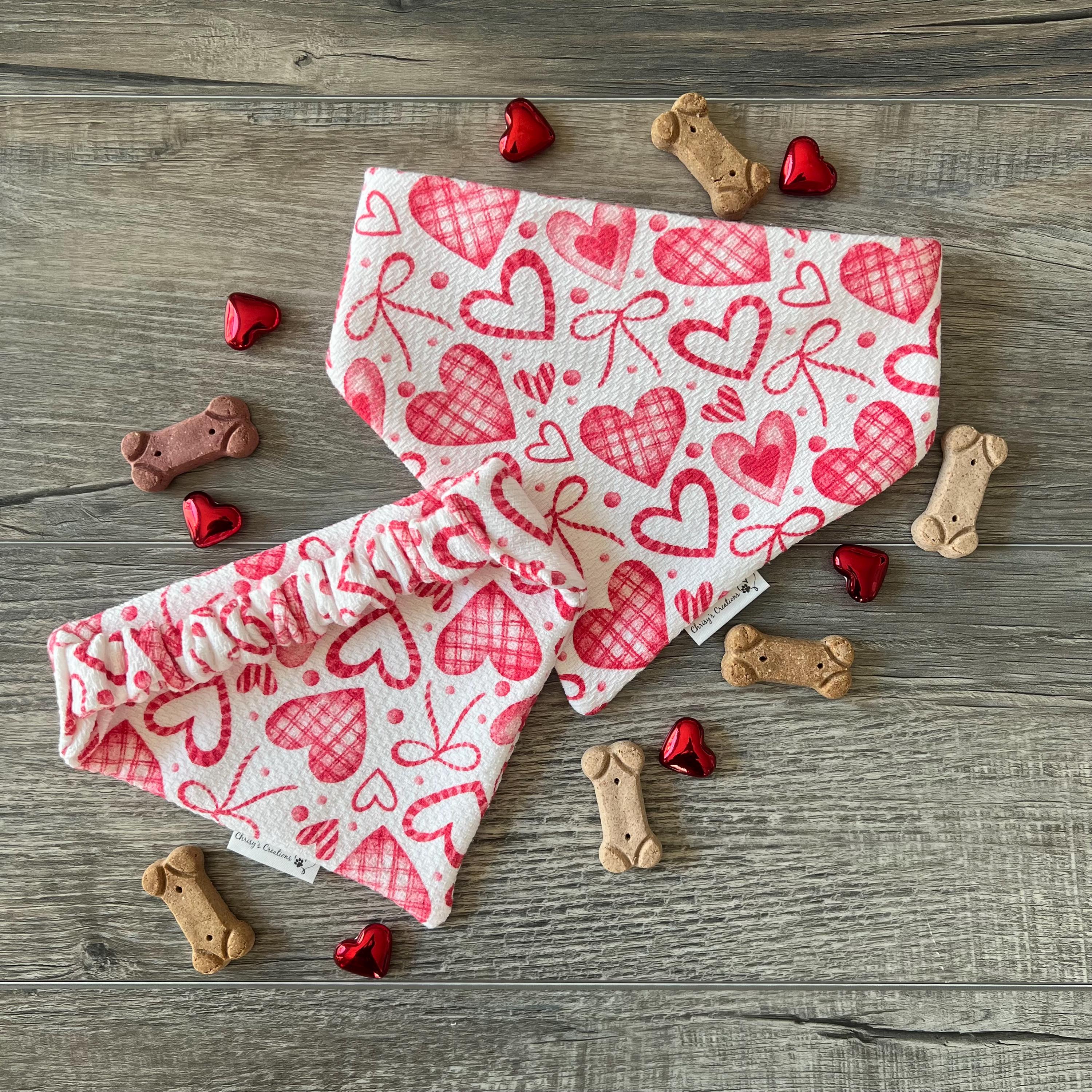 Valentine Hearts and Ribbons Dog Bandana; Scrunchie Terry Cotton